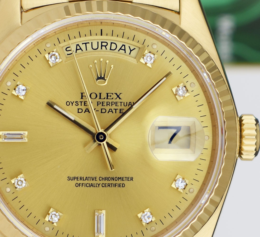 ROLEX 18kt Gold Day Date President Champagne Diamond T Swiss Dial Model 18038