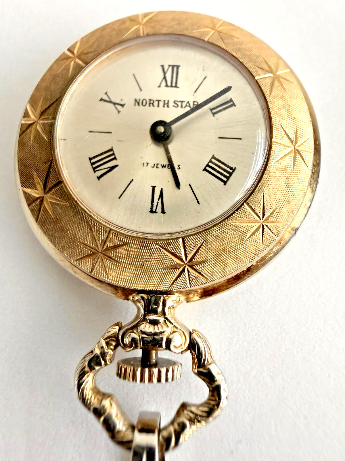 Vintage Mid Century Starburst Pendant Watch North Star 17J Necklace Box Paper