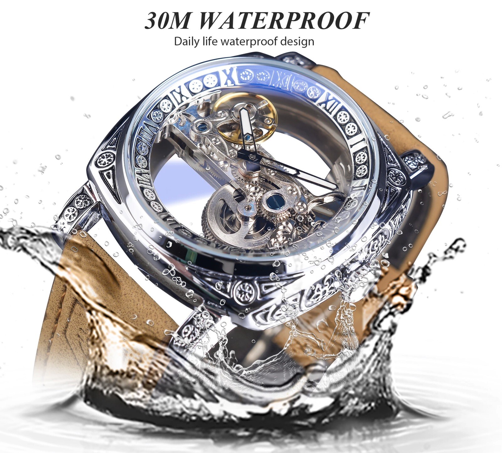 Forsining Men’s Automatic Square Retro Carved Skeleton Luxury Waterproof Watch