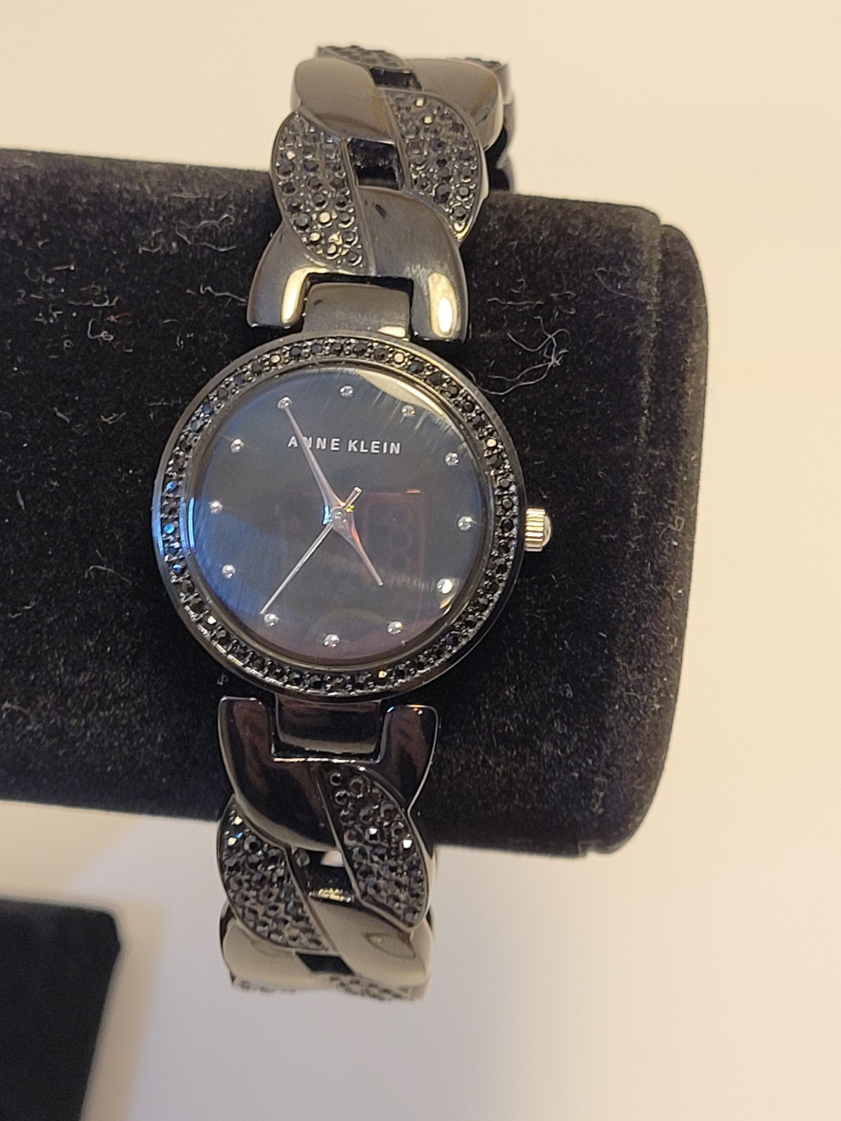 Anne Klein Women’s Black Stainless Bracelet Quartz Analog Watch Gem-Set Bezel