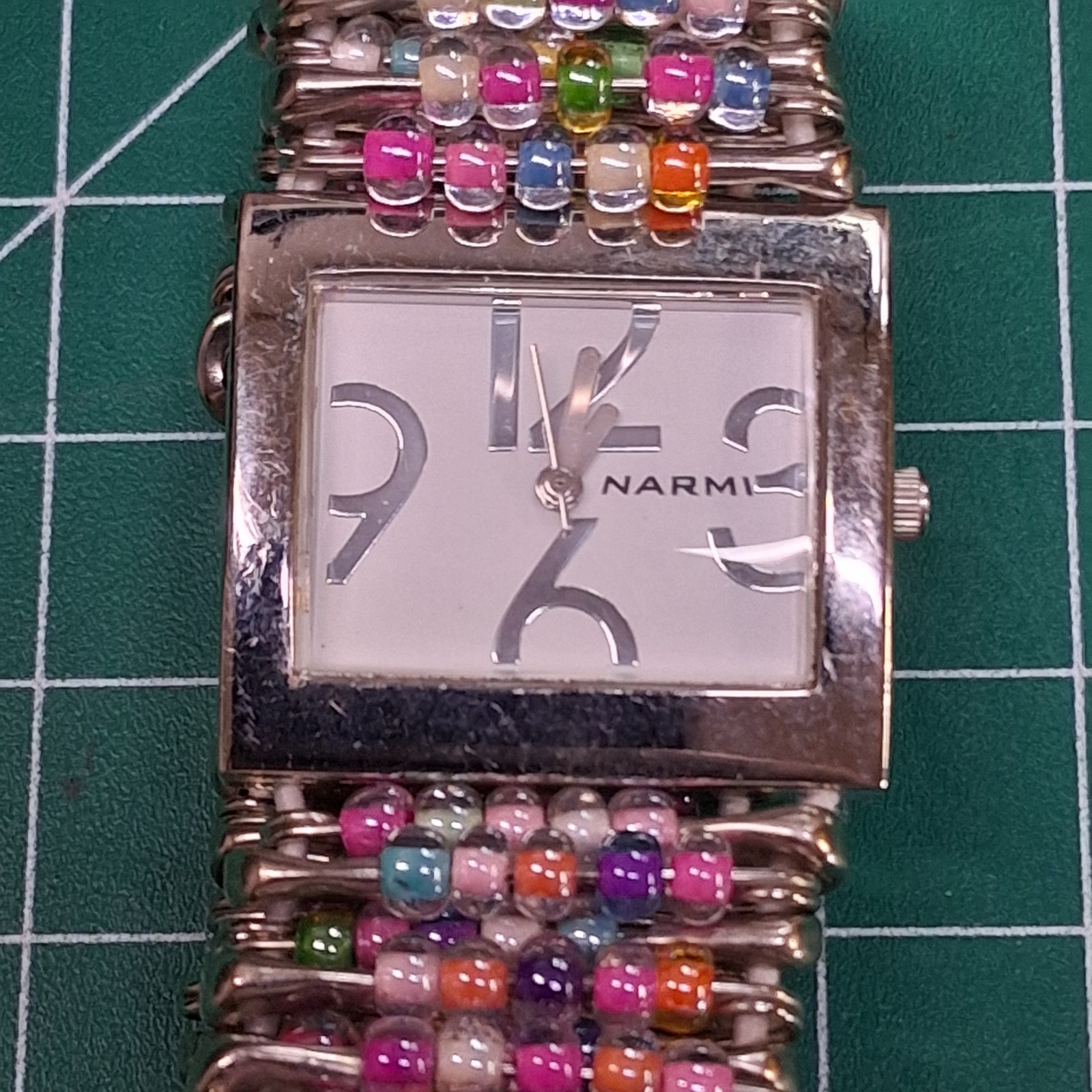 Narmi Womens Stainless Steel Square Face Pastel Beaded Stretch Band Quartz Watch