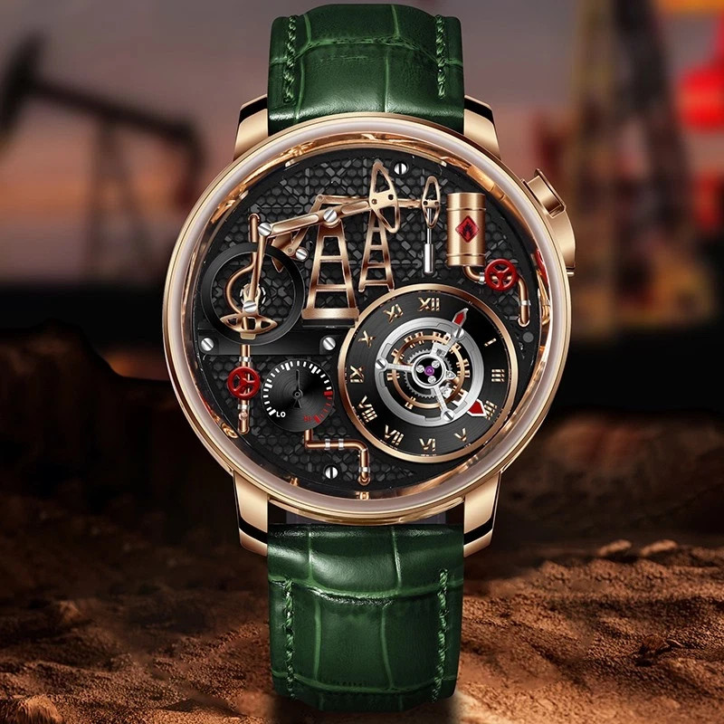🔥USA🔥PINDU Men’s Watch 45.5mm Steel Sapphire Oil Pump P6673 Green STRAP
