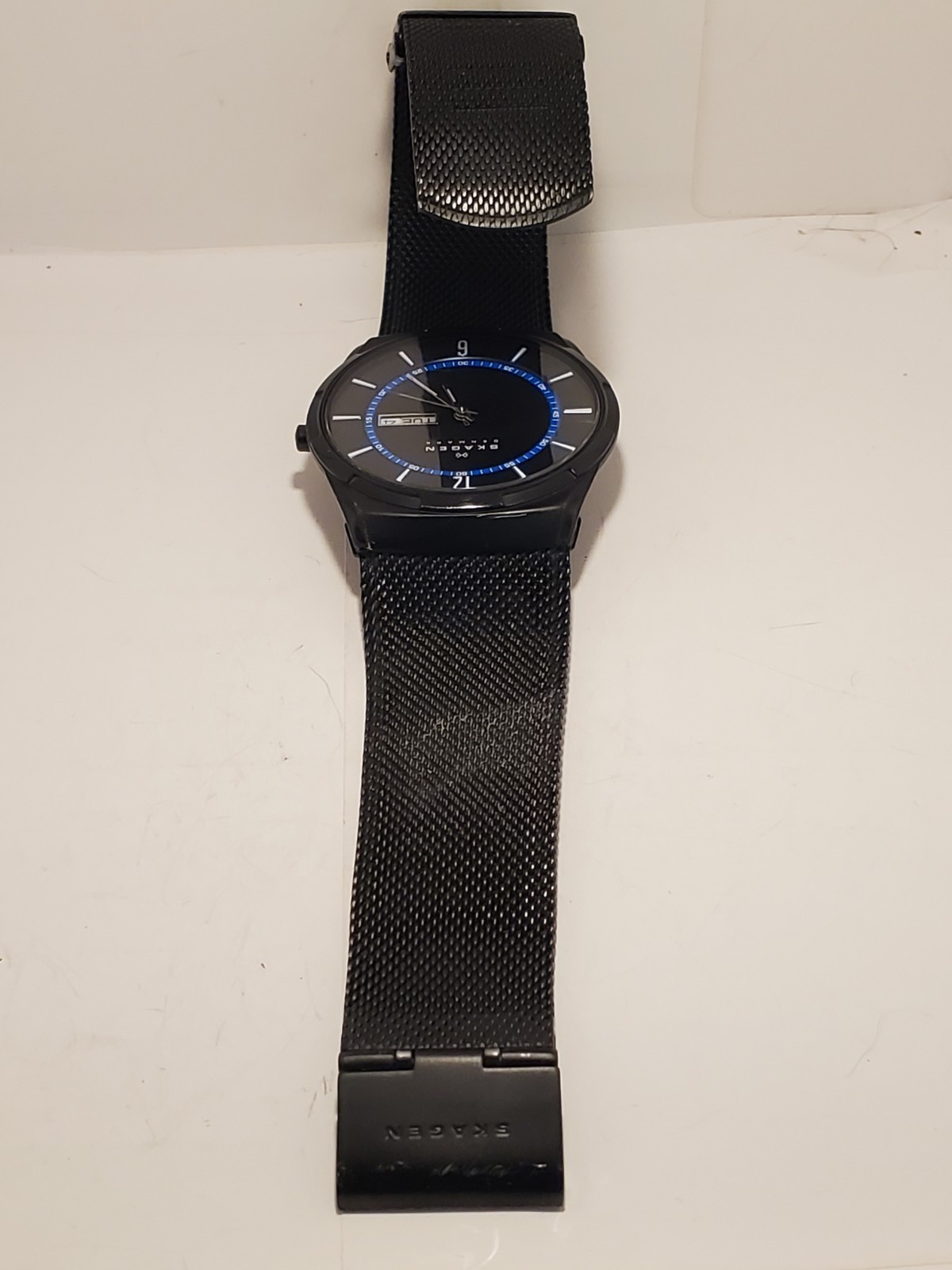 Skagen Denmark SKW6091 Men’s Titanium Day Date Black Blue Mesh Quartz Watch