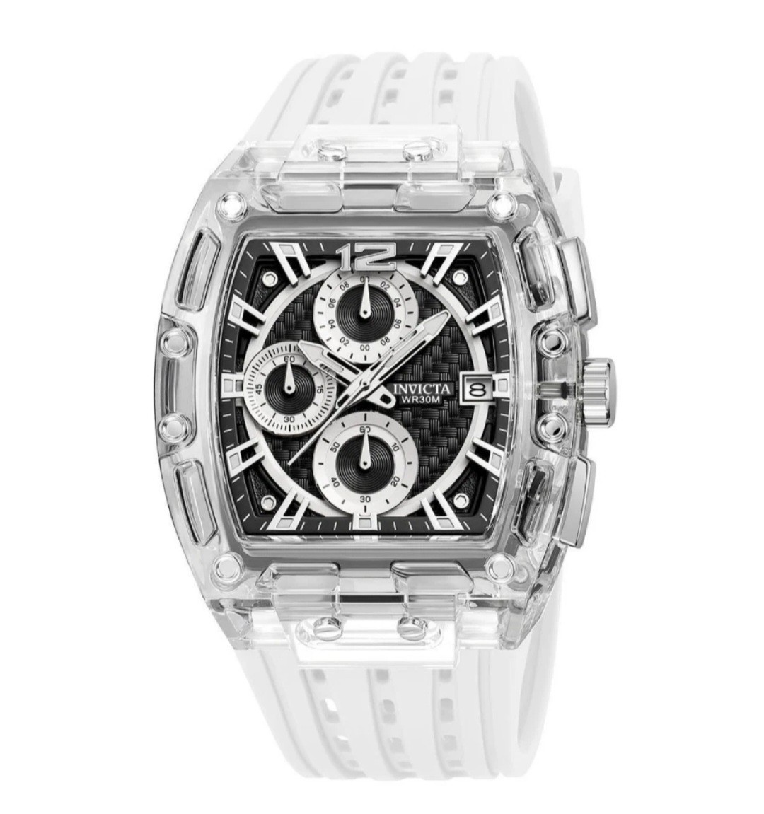 Invicta S1 Rally 42mm Black Dial Clear Quartz Chronograph White Silicone Watch