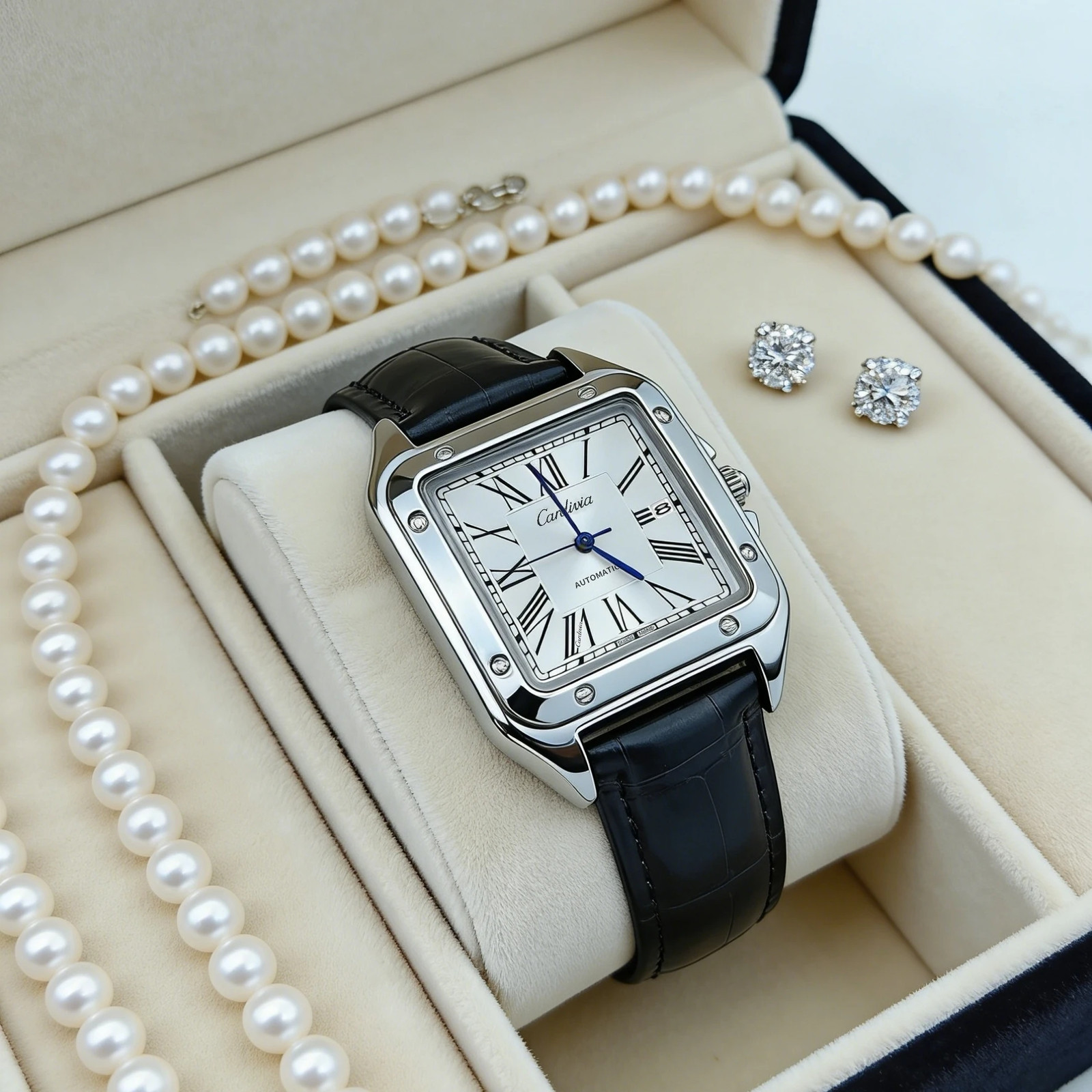 Men’s Square Quartz Watch Roman Numeral Leather Strap Date Waterproof Dress