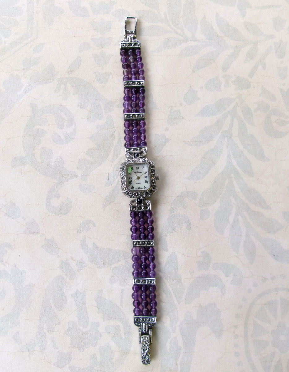 Lee Sands Womens Silver Tone Watch Marcasite & Purple Beads ~ Needs New Battery
