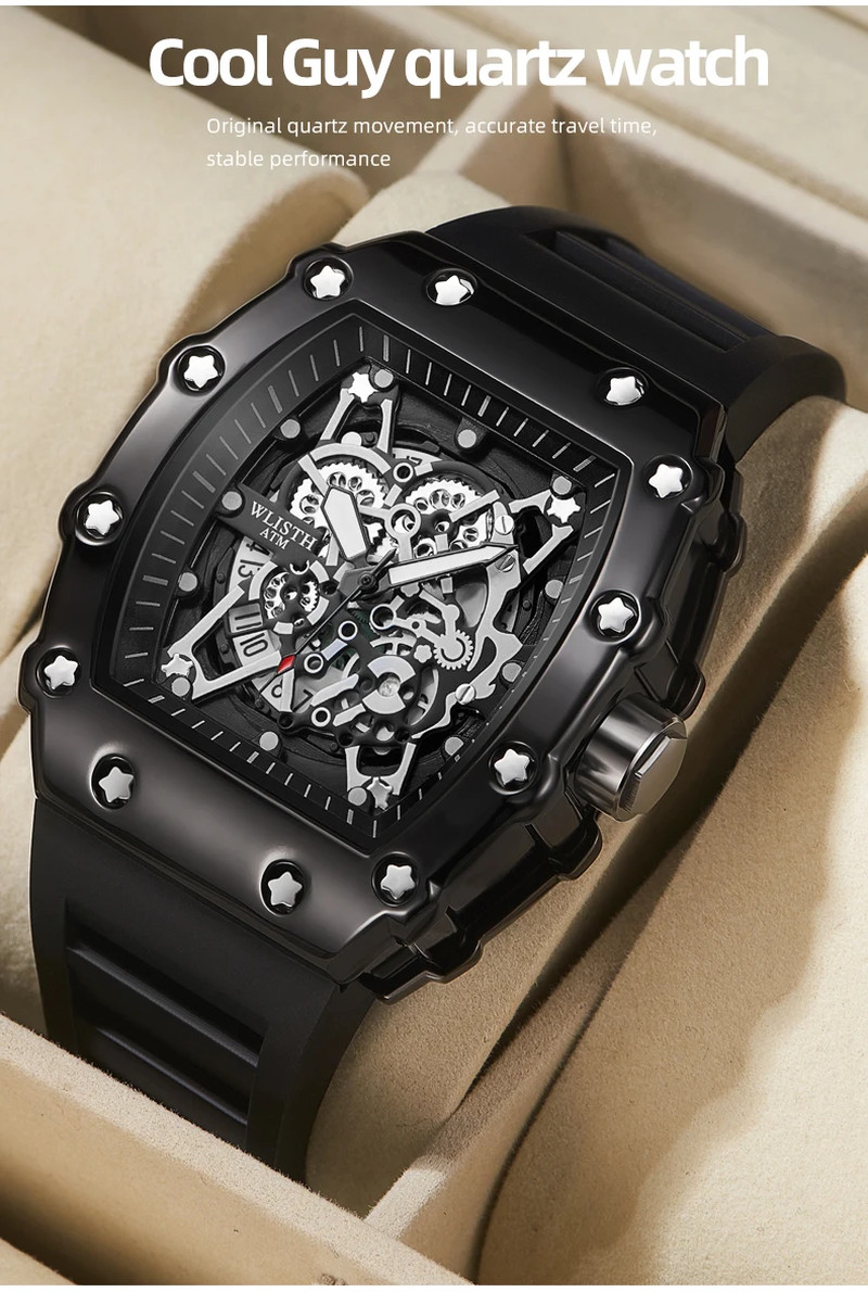 Men’s Skeleton Sport Watch – Luminous Waterproof Quartz – Black Gift