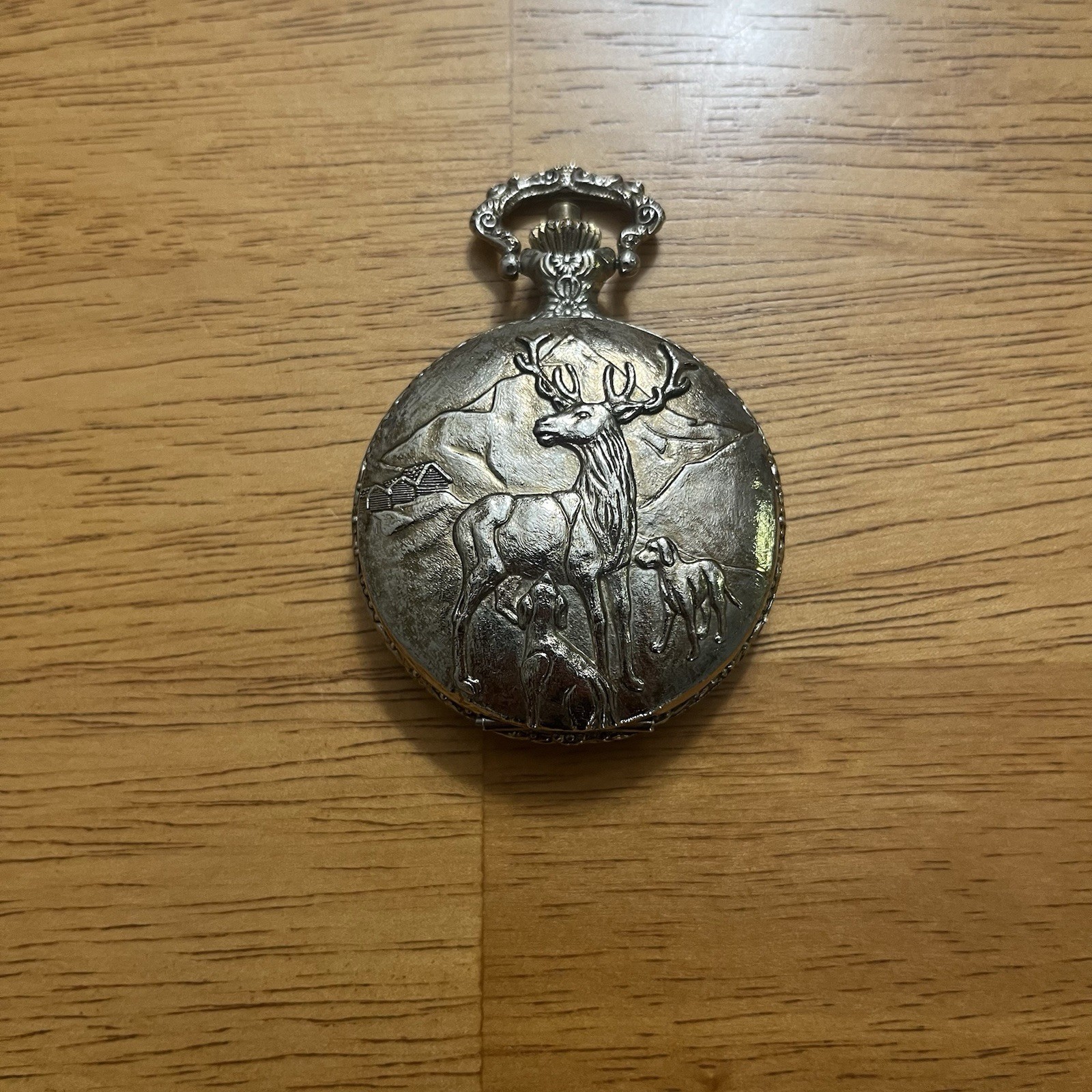 Vtg Geneva Pocket Watch Antimagnetic Hunting Deer Motif Gold Tone 1970’s Runs
