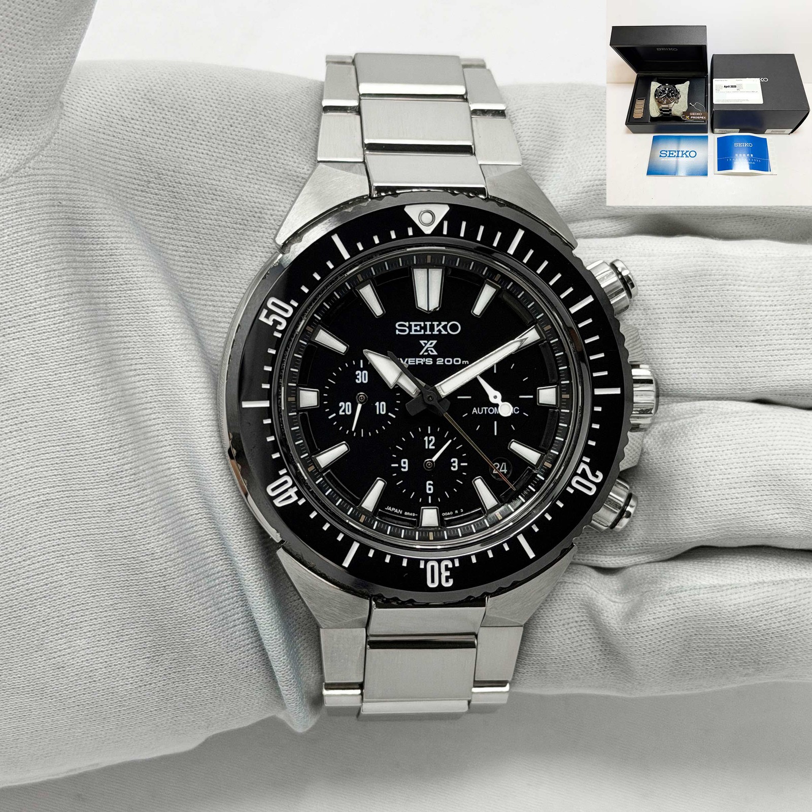2020 Seiko Prospex Transocean Chronograph SBEC001 46.5MM Black Steel Box Paper