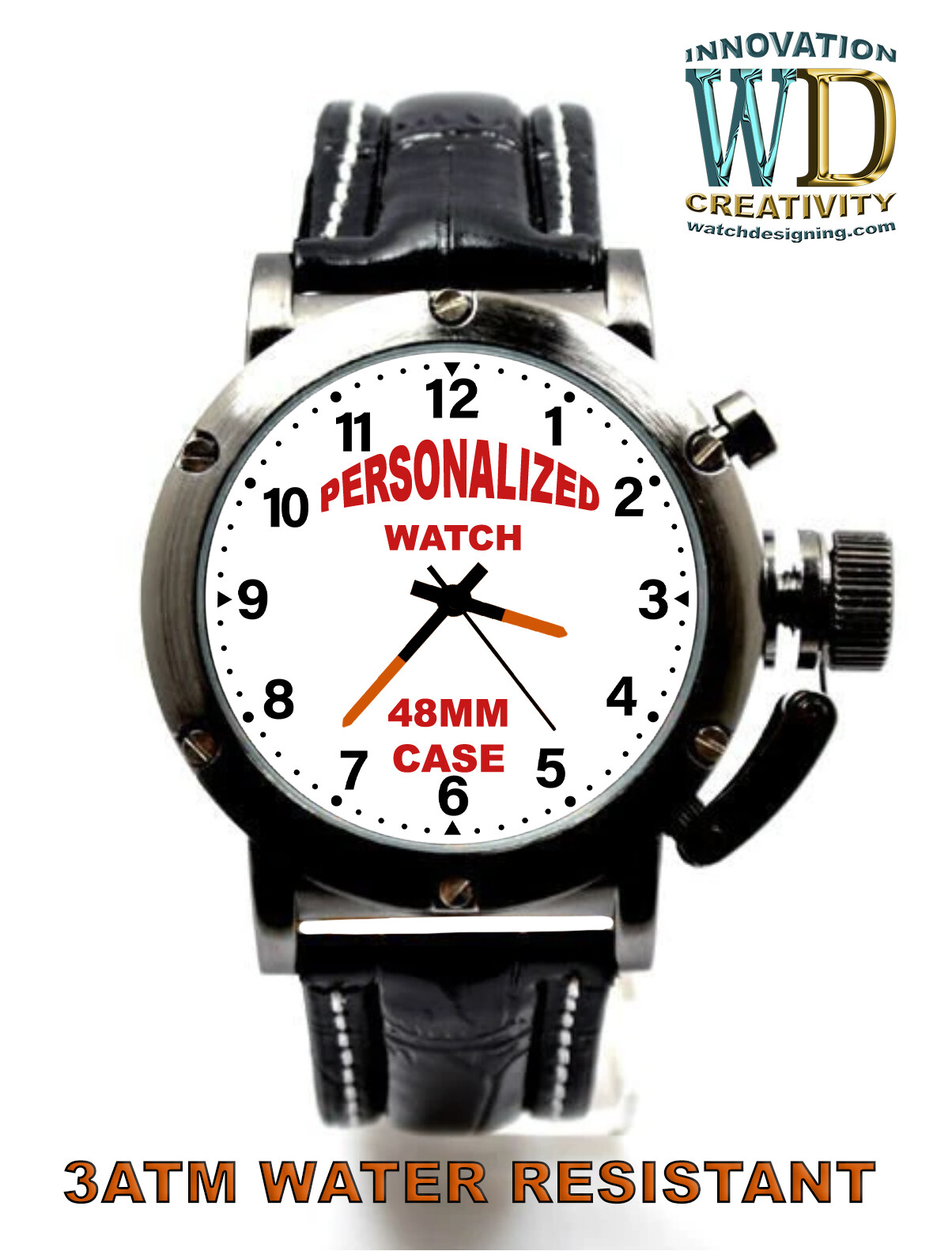 Personalized Watch 48mm Case 24mm BLACK PU Leather Band LOGO Design Photo