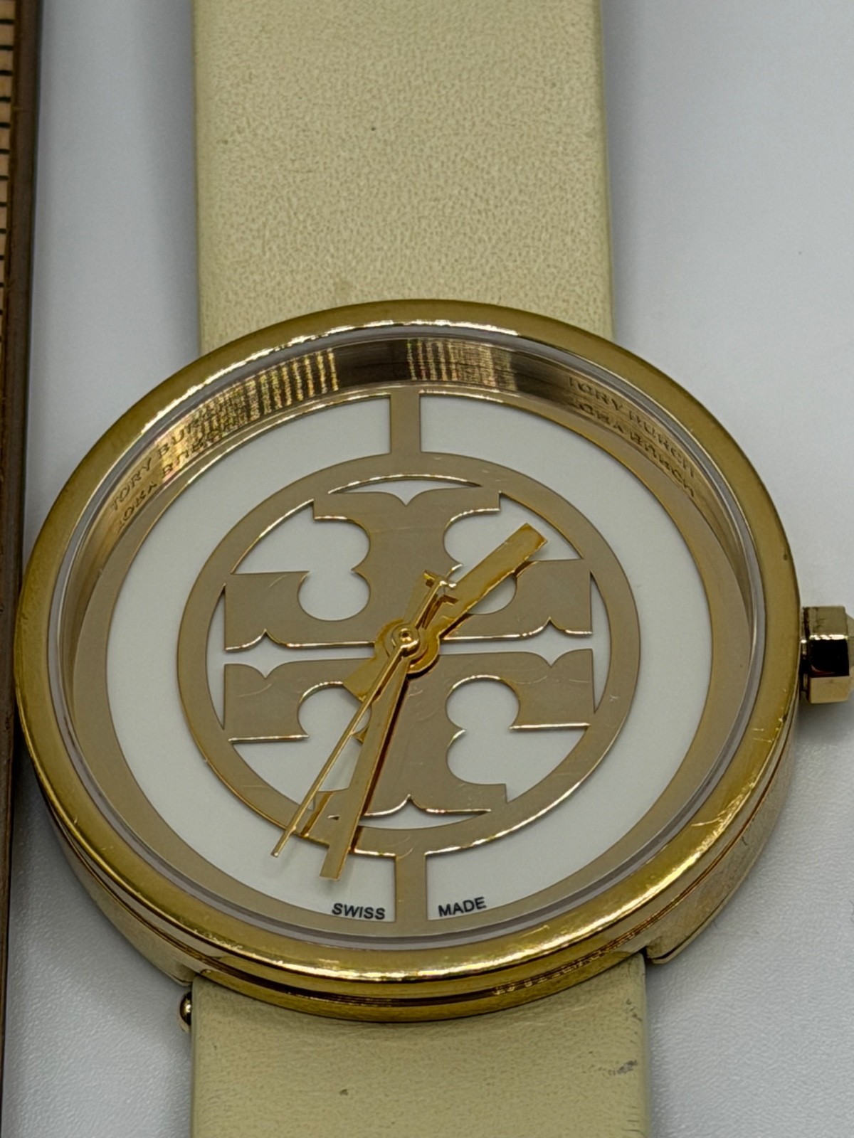 Tory Burch White Dial Ivory Cream Leather Band Womens Watch Preowned New Battery