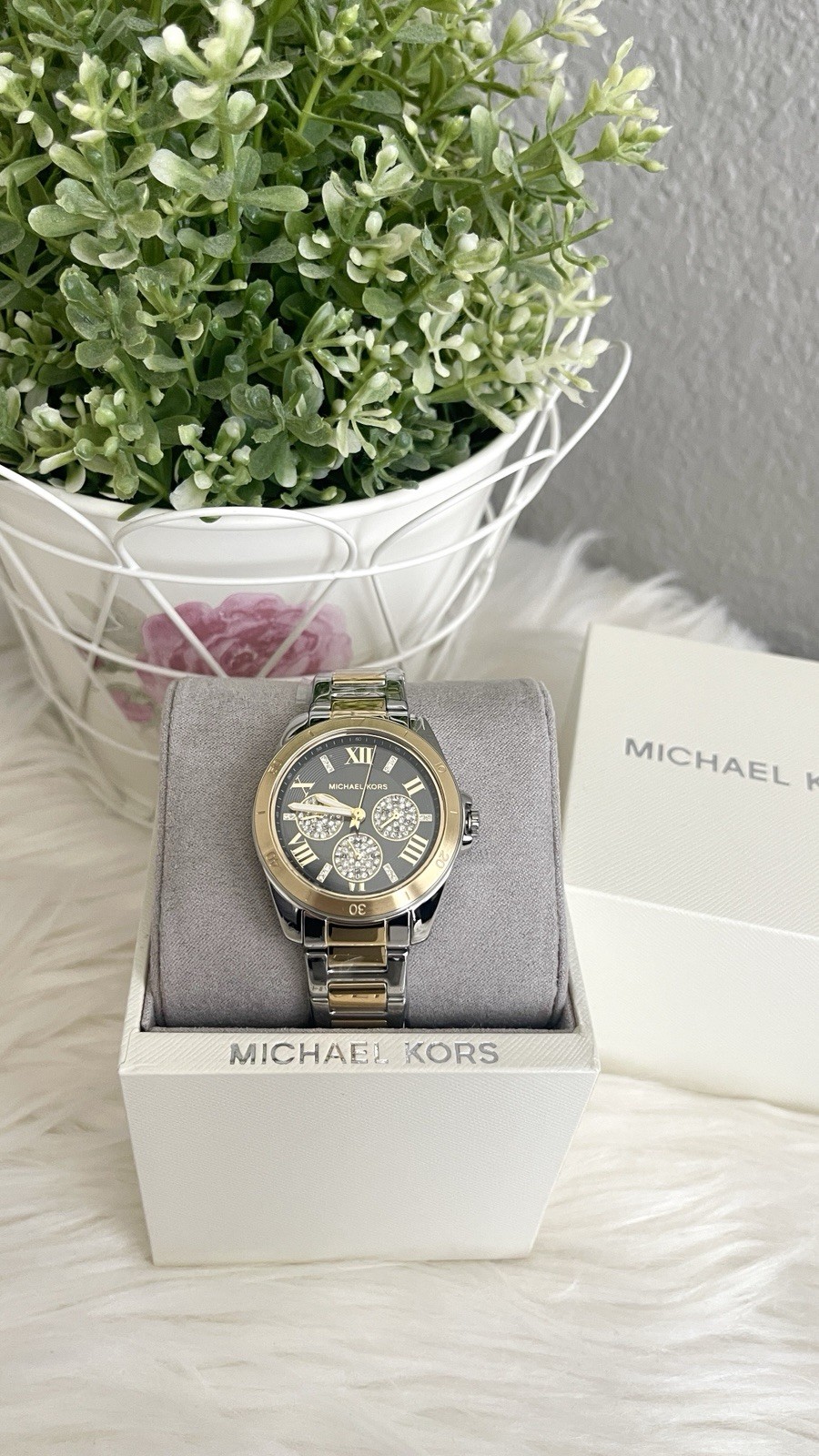 Michael Kors Alek Womens Pave Crystals Watch, Two Tone Gold Silver MK7265