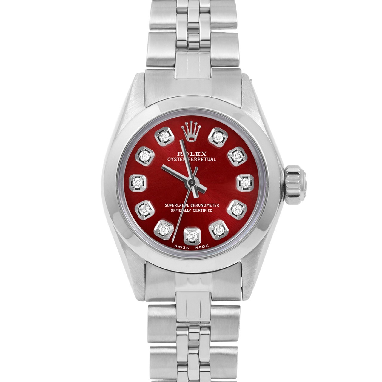 Rolex Ladies Oyster Perpetual Red Diamond Dial Smooth Bezel Jubilee Band