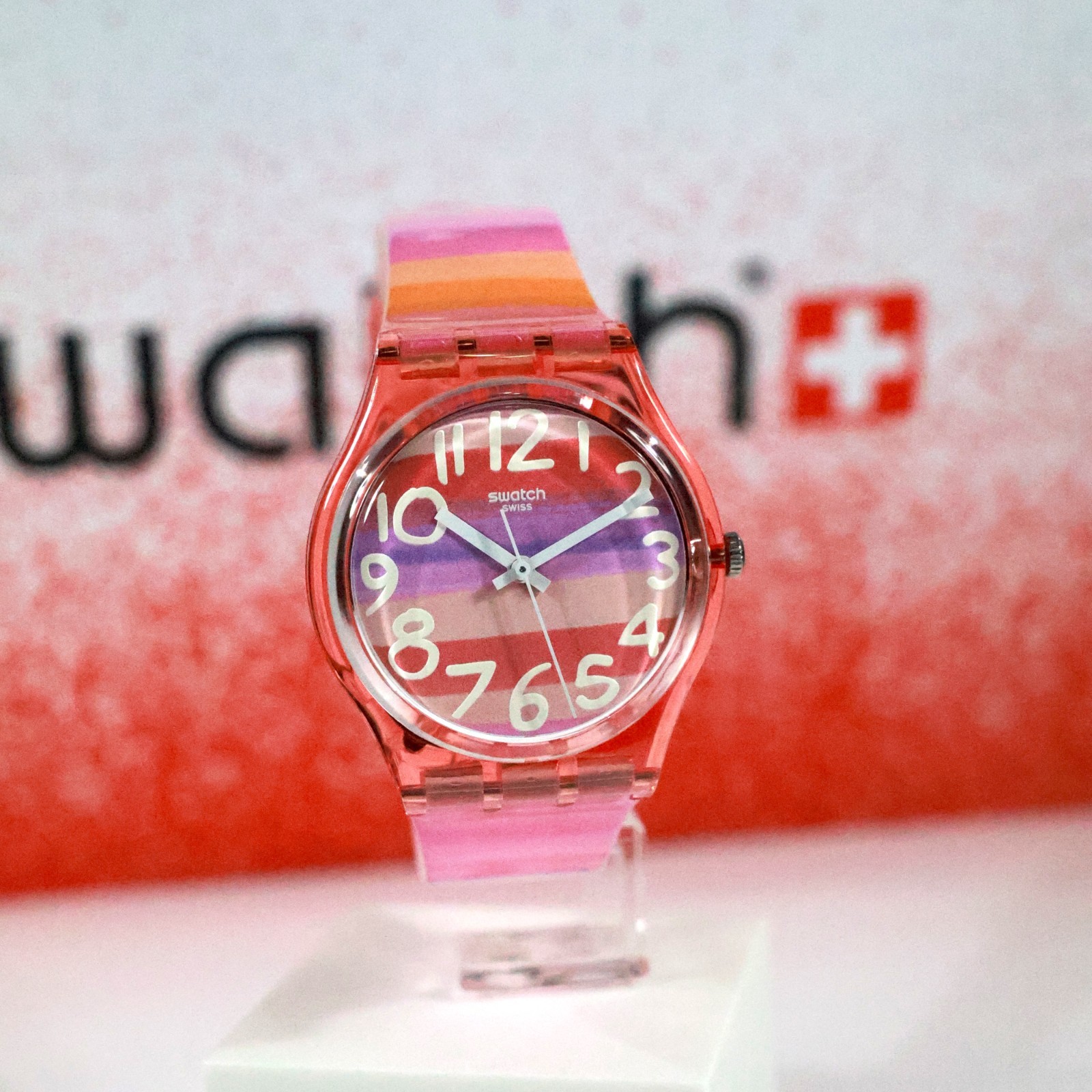 New Swiss Made Swatch Pink Rainbow Watch Astilbe GP140 34MM Multicolor Silicone