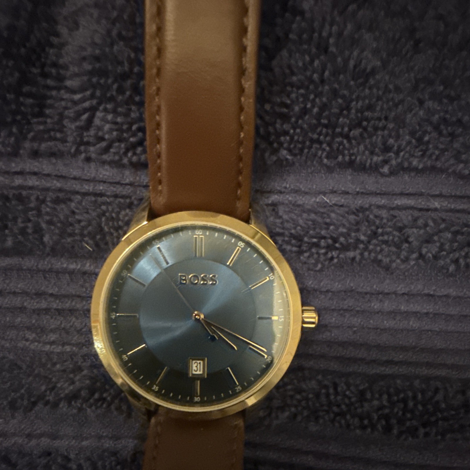 BOSS Men’s Quartz Dress Watch 38mm Blue Dial Brown Leather Date 30m