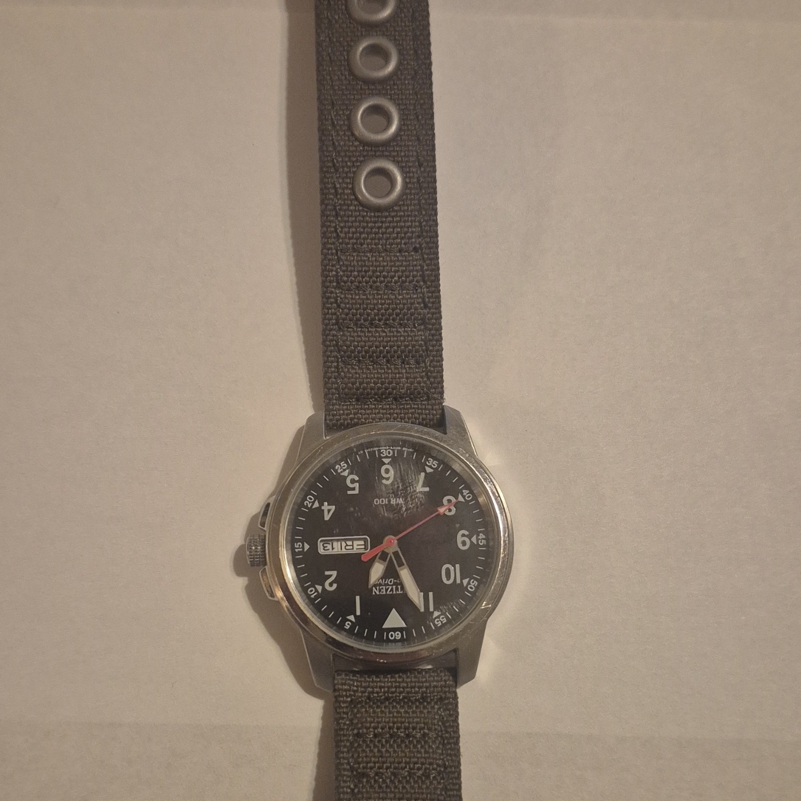 Citizen Eco-Drive Quartz 43mm Black Dial Green Fabric Strap Date 100m