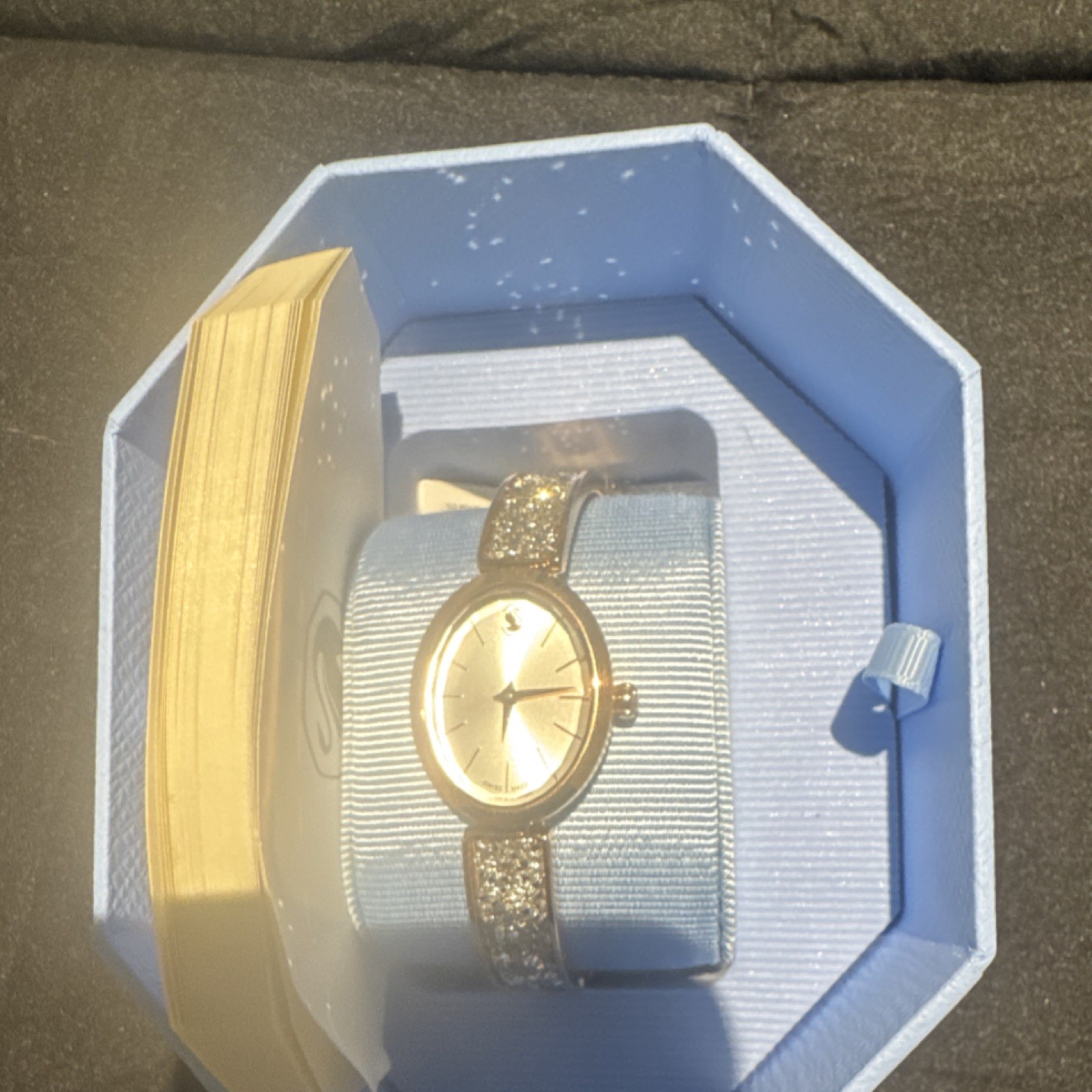 Swarovski Gold Tone Analog Wristwatch Stick Indexes Glitter Band Original Box