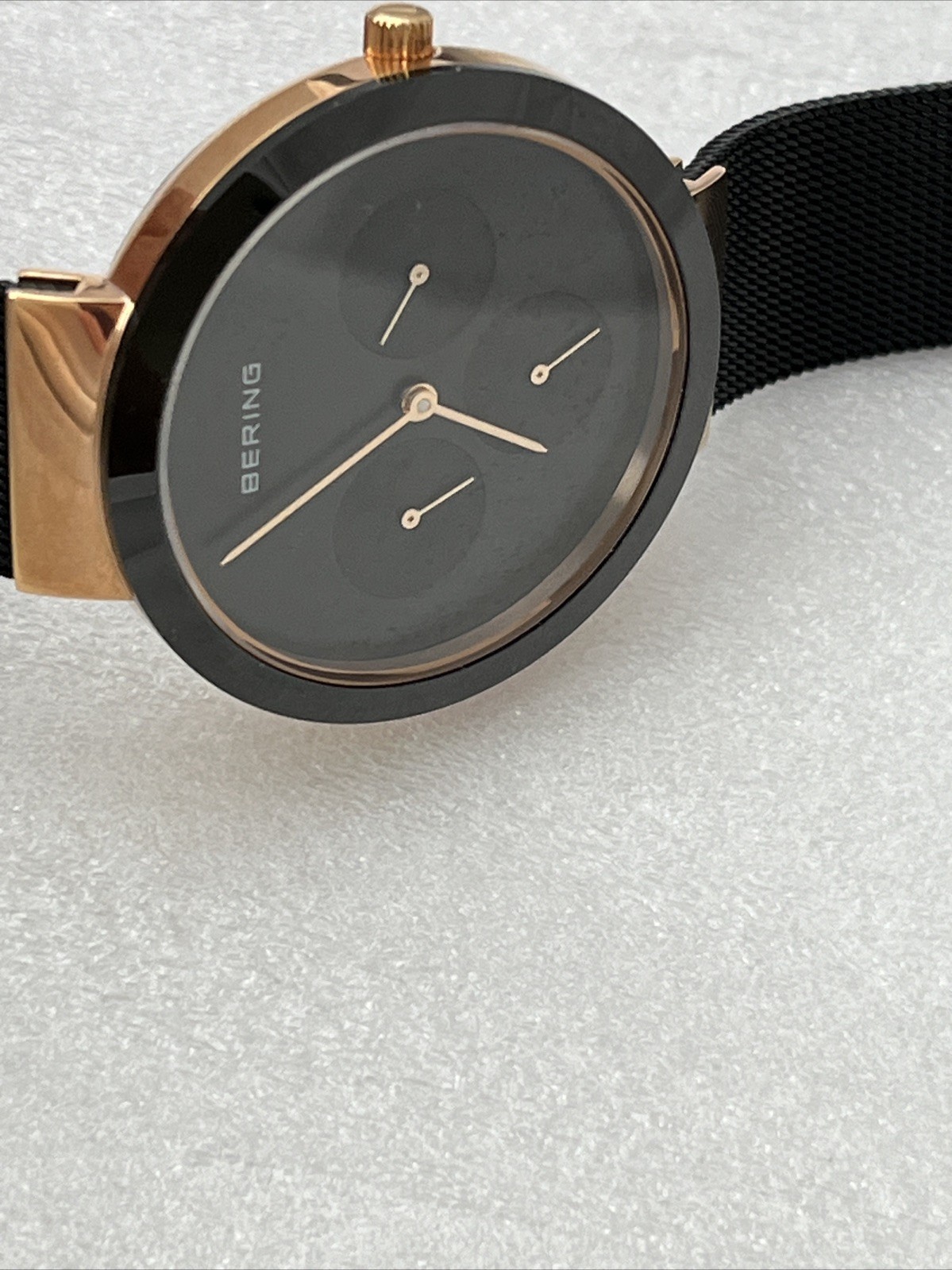 BERING Ceramic Watch 35036-166 36mm Black / Rose Gold Adjustable Mesh Band $199
