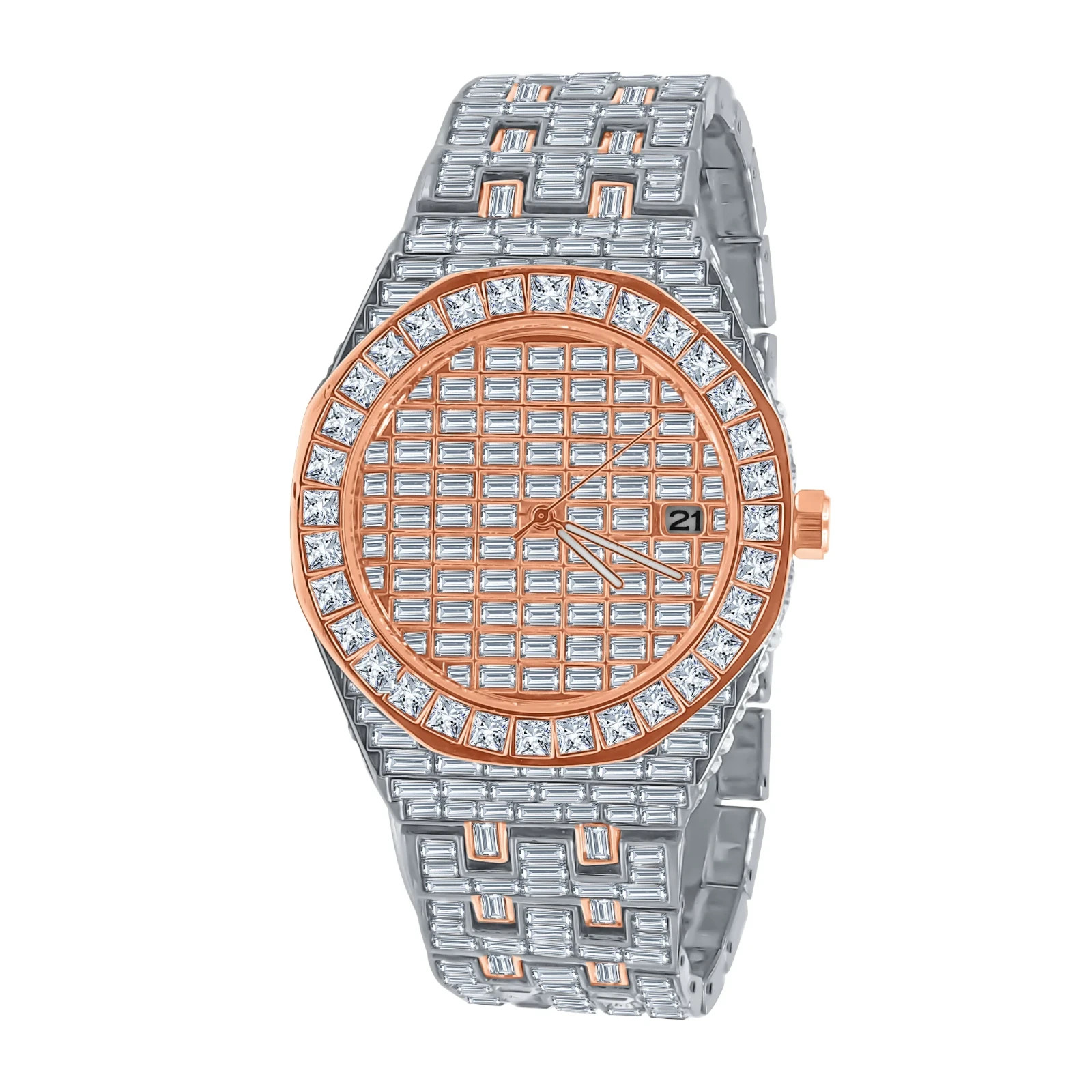 Men’s Baguette Iced Out 18K Watch Rose Gold Silver CZ Date Quartz 40mm