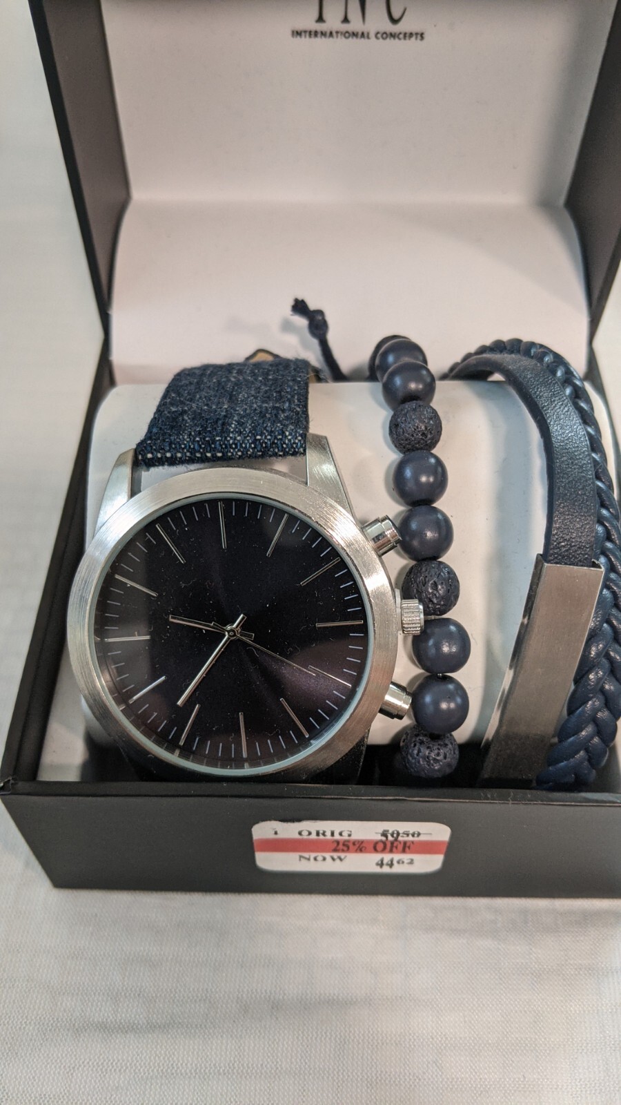 INC INTERNATIONAL CONCEPTS Men Blue Denim Strap Watch 46mm 3-Pc Set – JLY03