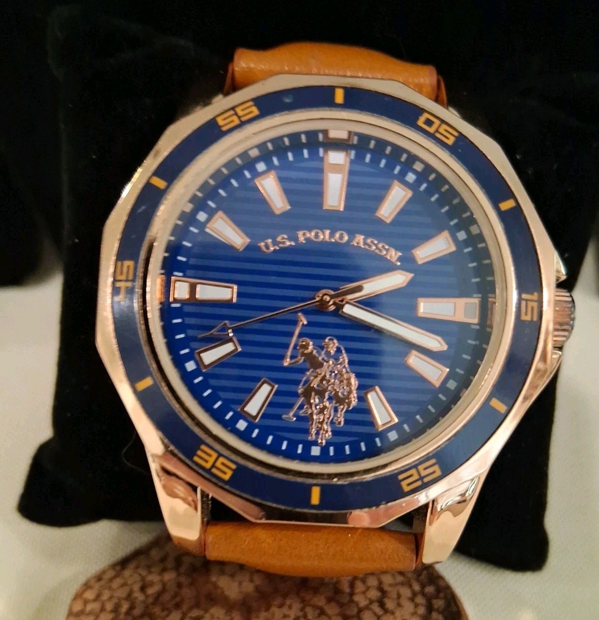 U.S. PoloAssn. Men’s Quartz BlueStripeDial &Blue/GoldBezel,&Brown Leather Strap