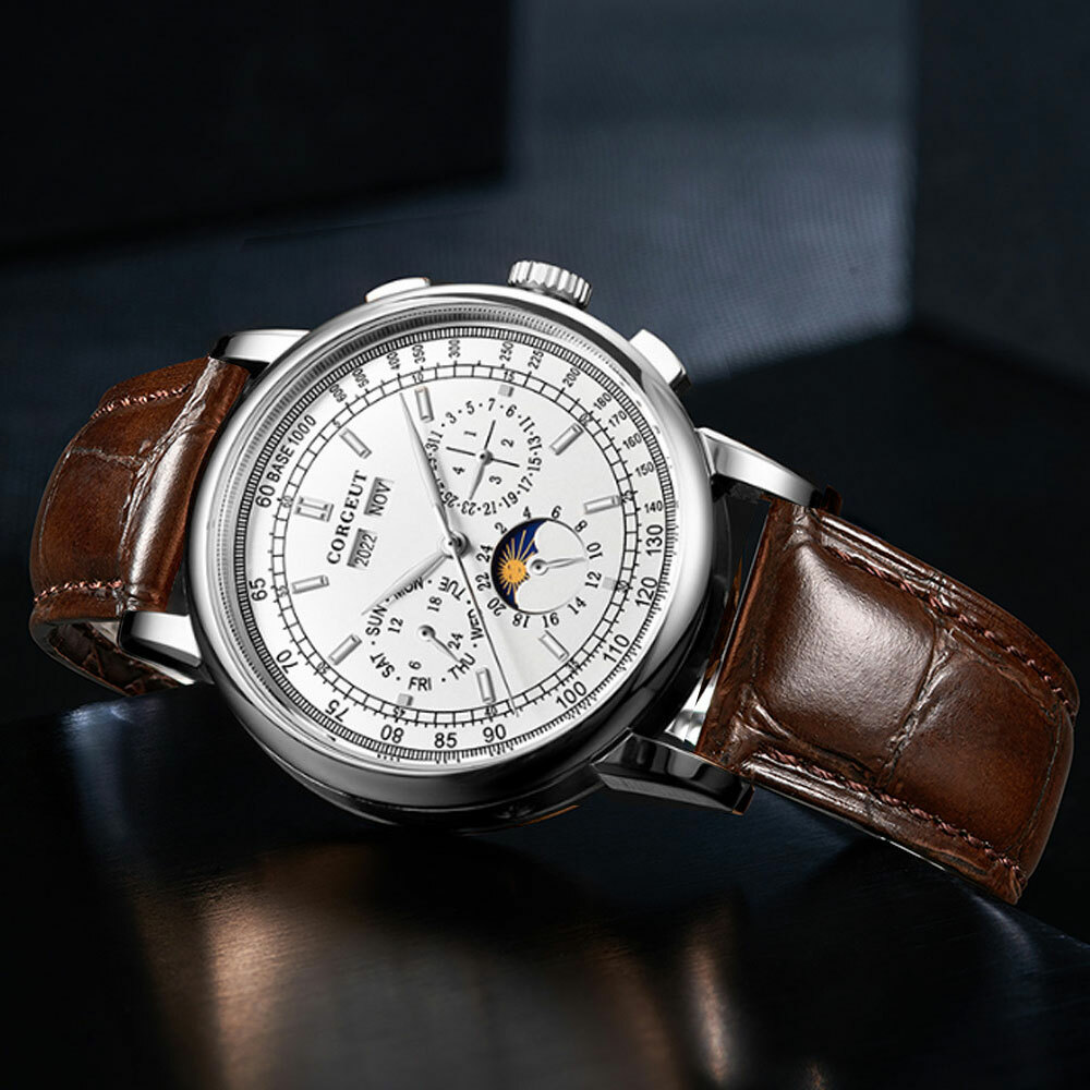 CORGEUT 42mm Week Day Month Function Automatic Stainless Men Watch Leather Strap