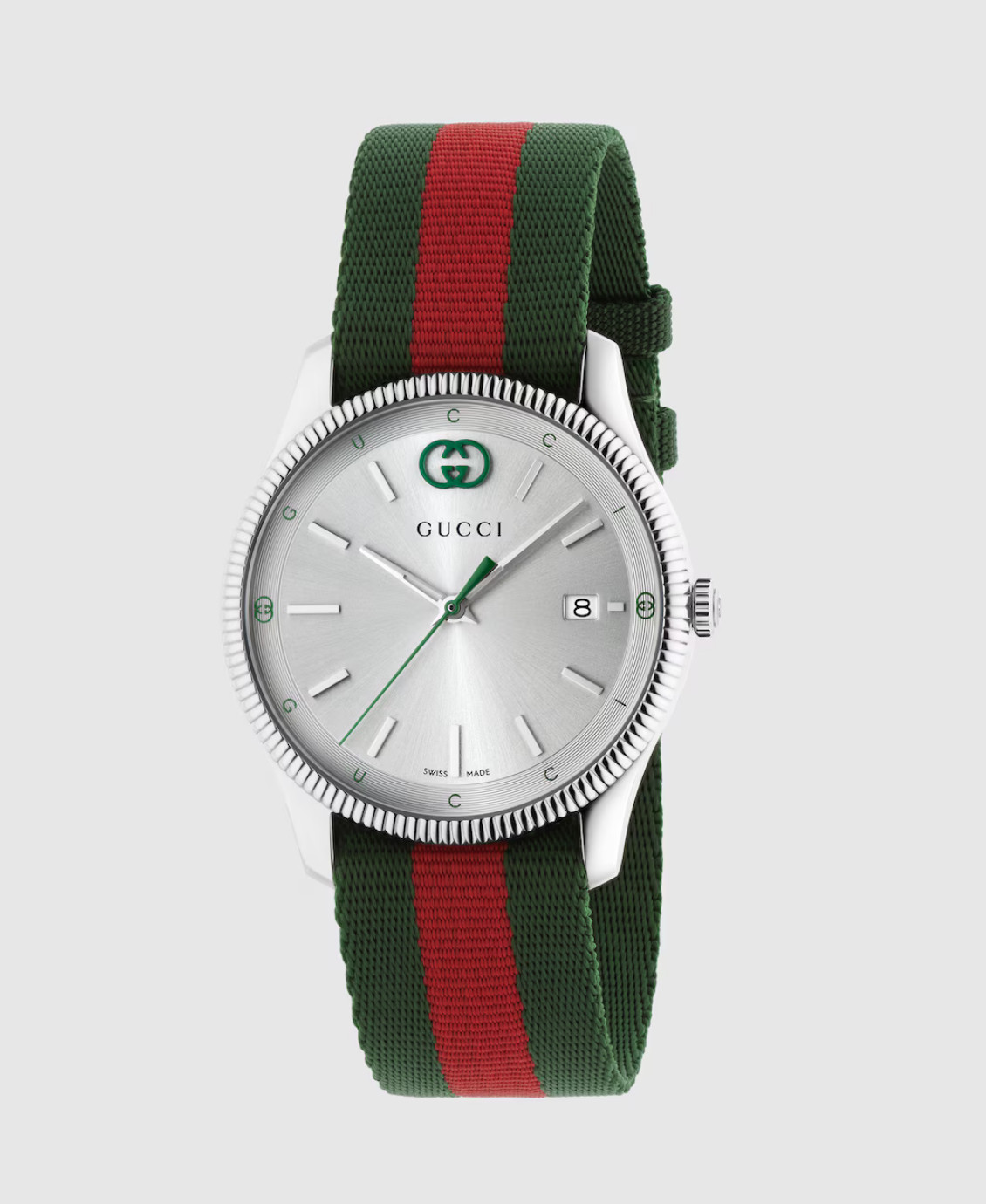 Gucci G-Timeless Silver Dial Green and Red Nylon Strap Watch 38mm YA1264236