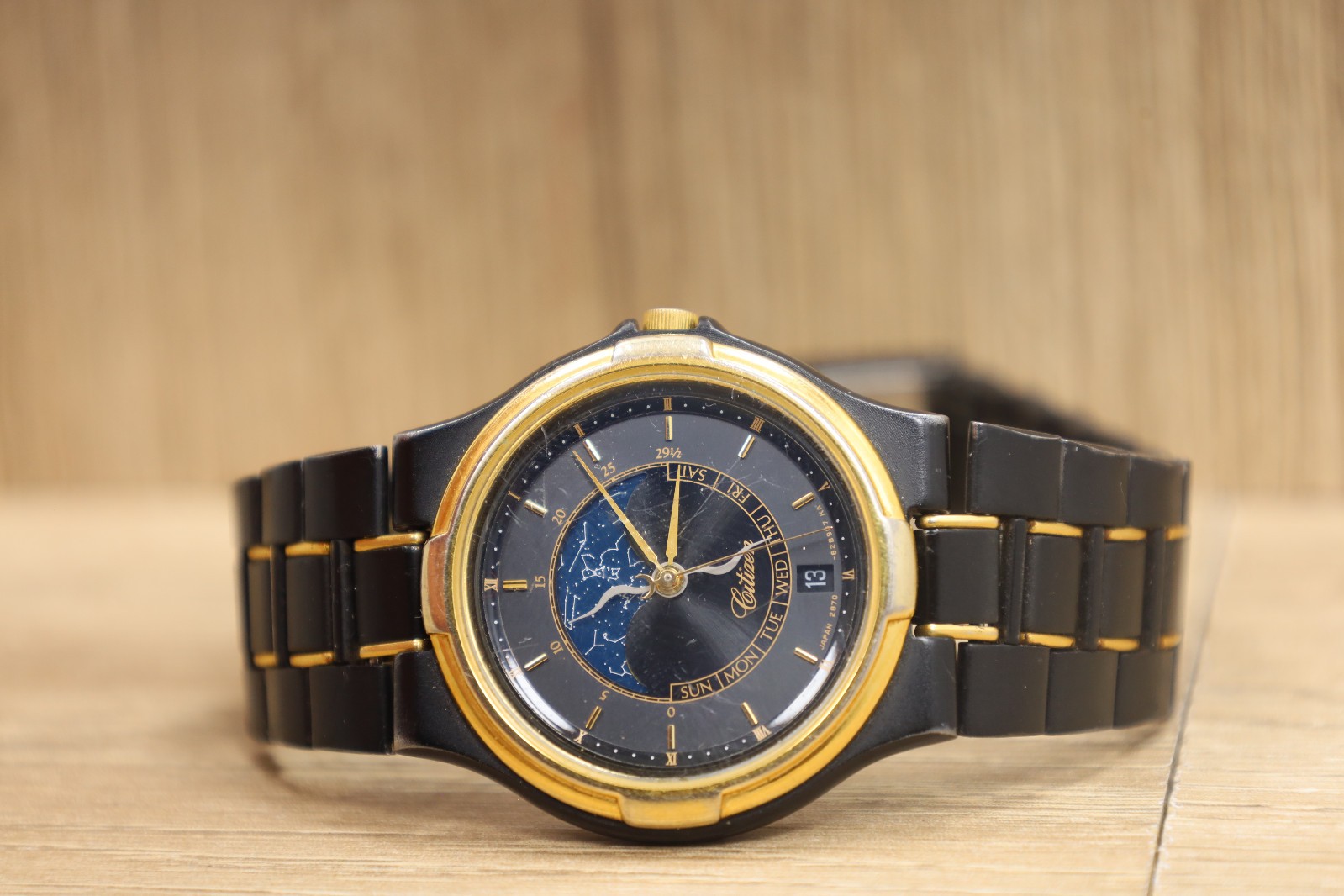 Vintage Citizen Moon Phase Watch (2870-269209) – Black & Gold Tone 33mm New Bat