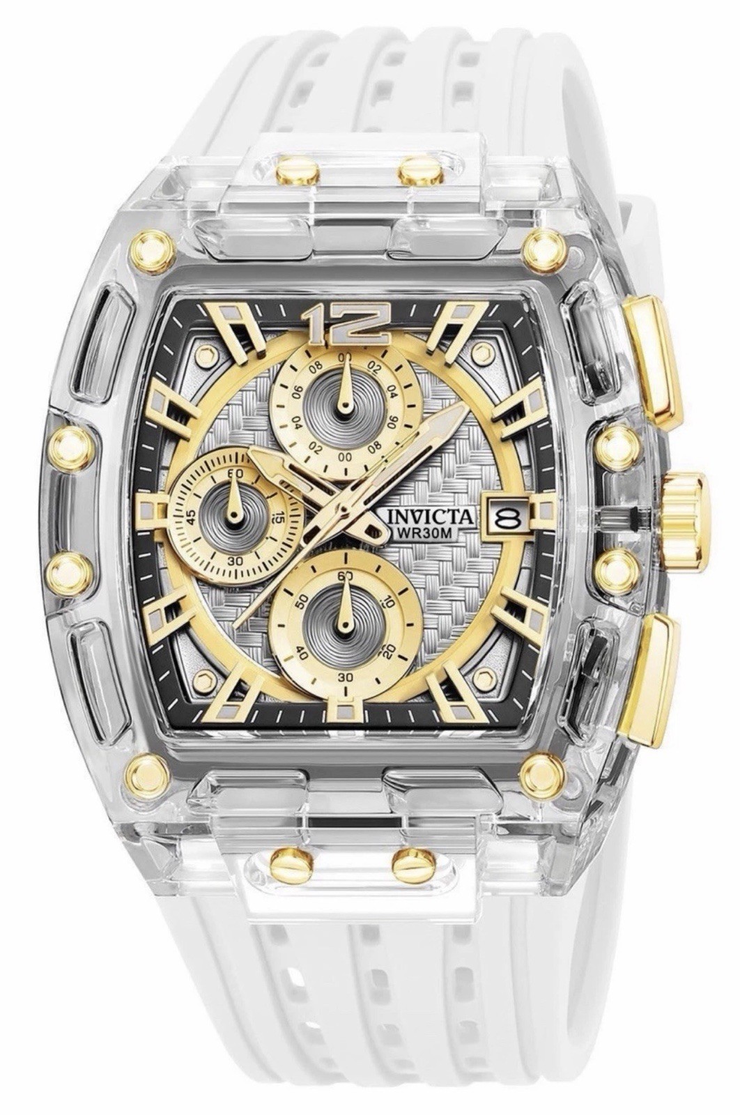 Invicta S1 Rally 70147 Men’s 42mm Transparent Case Gold White Silicone Watch