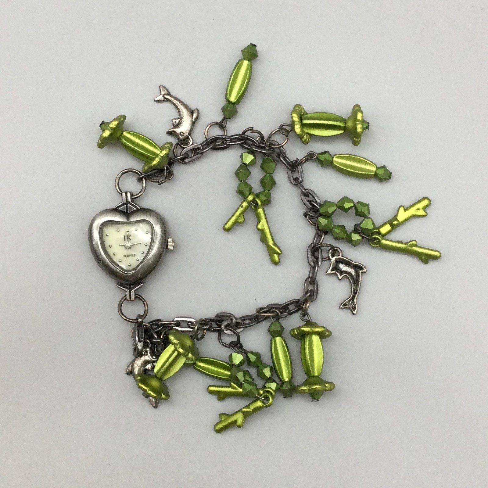 IK Heart Watch Womens 22mm Charm Bracelet Green Beads Dolphins New Battery 7.75″