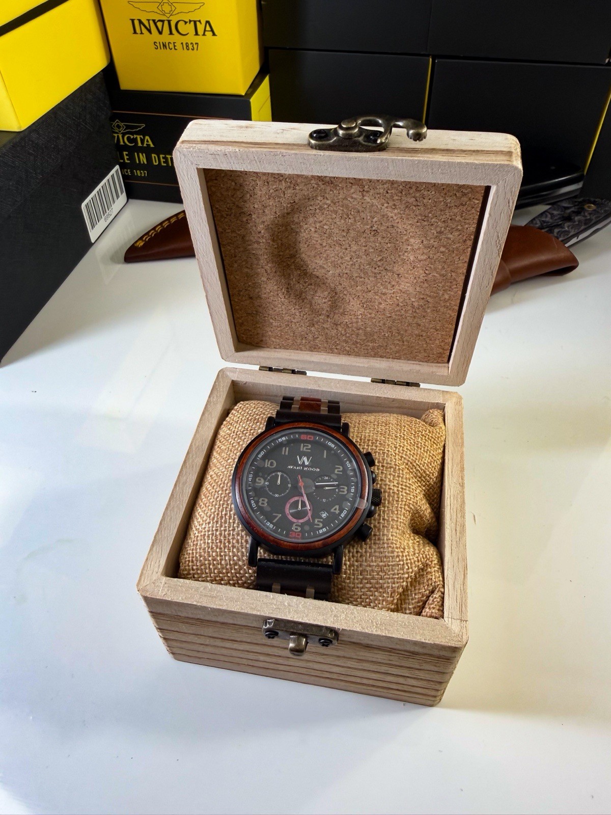 Avant Wood Men’s Chronograph Watch – Black Dial, Wood/Metal Bracelet