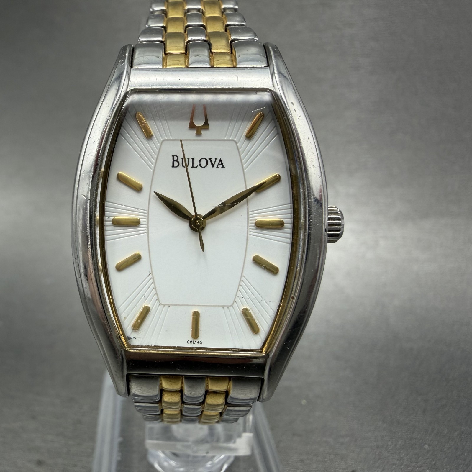 Bulova Watch Women 26mm White Dial Two Tone Tonneau 98L145 New Battery