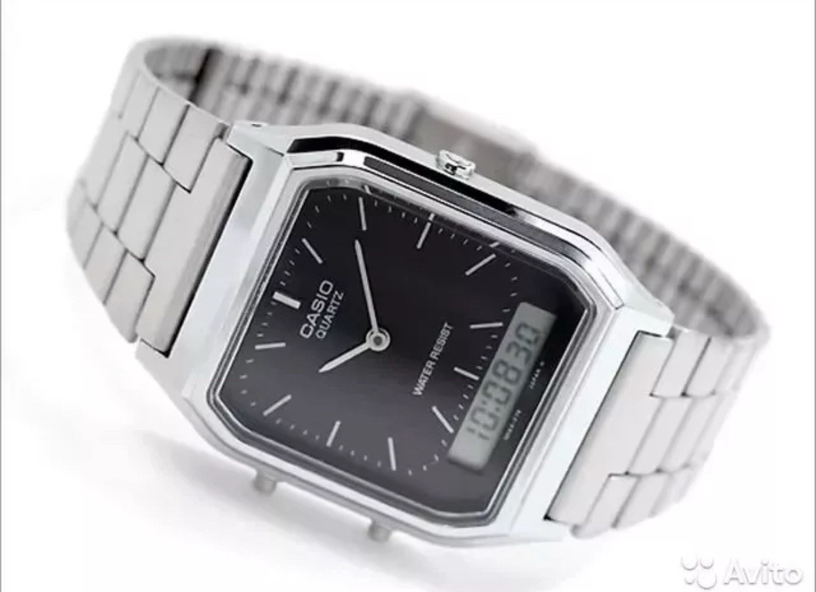 Casio AQ-230A Dual Time Silver Retro Stainless Steel Analog Digital Watch 38.8mm
