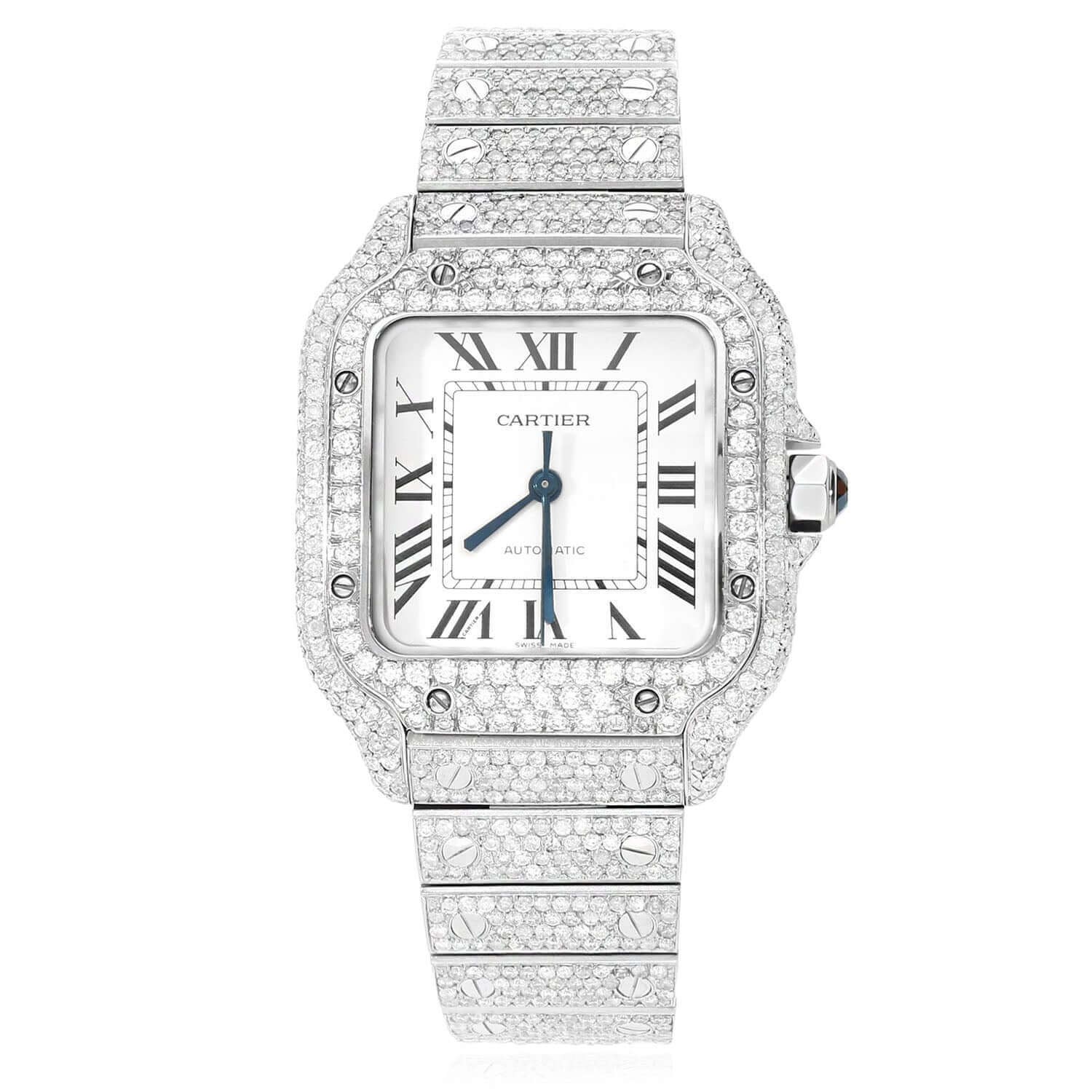 Cartier Santos WSSA0018 40mm Auto SS Watch w/ Aftermarket 11.5CTW Diamond White