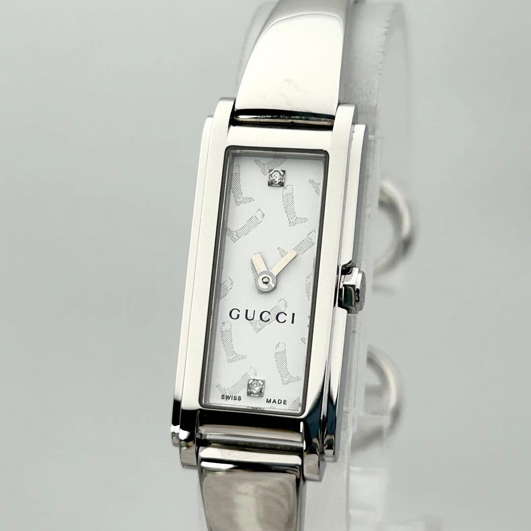 GUCCI 109 Bangle Watch Silver Dial 2 Diamond Quartz Ladies Swiss Box 17cm
