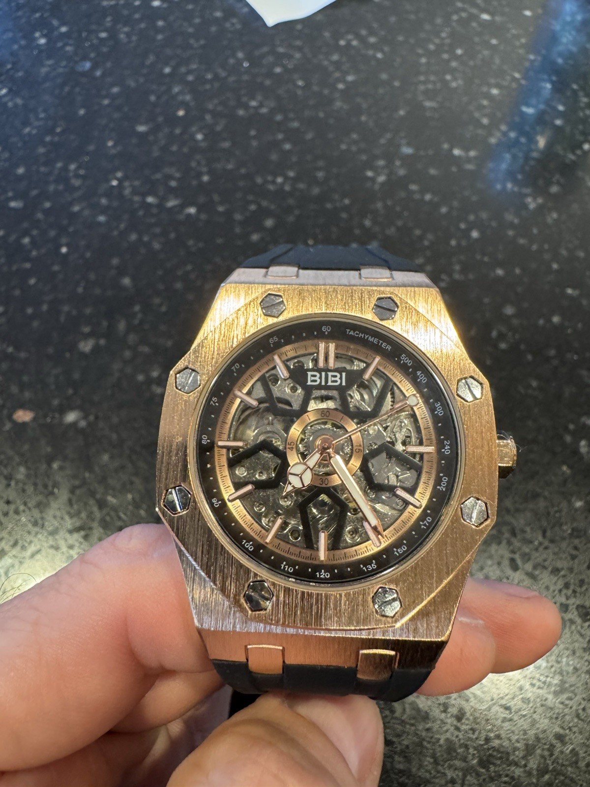 BIBI Skeleton Automatic Watch Rose Gold Black Silicone Strap 41.5mm New Box