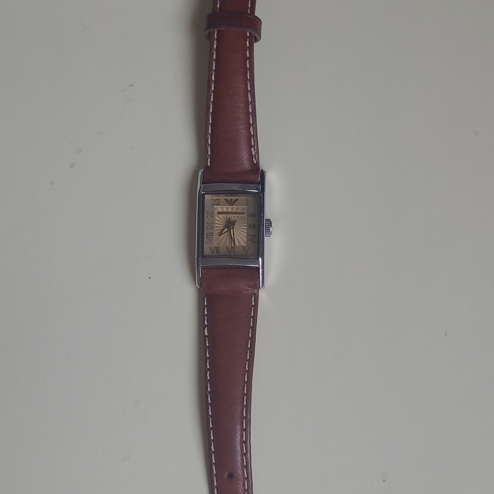 Vin. Emporio Armani Rectangle Quartz Watch Brown Leather Strap Silver Steel 50m