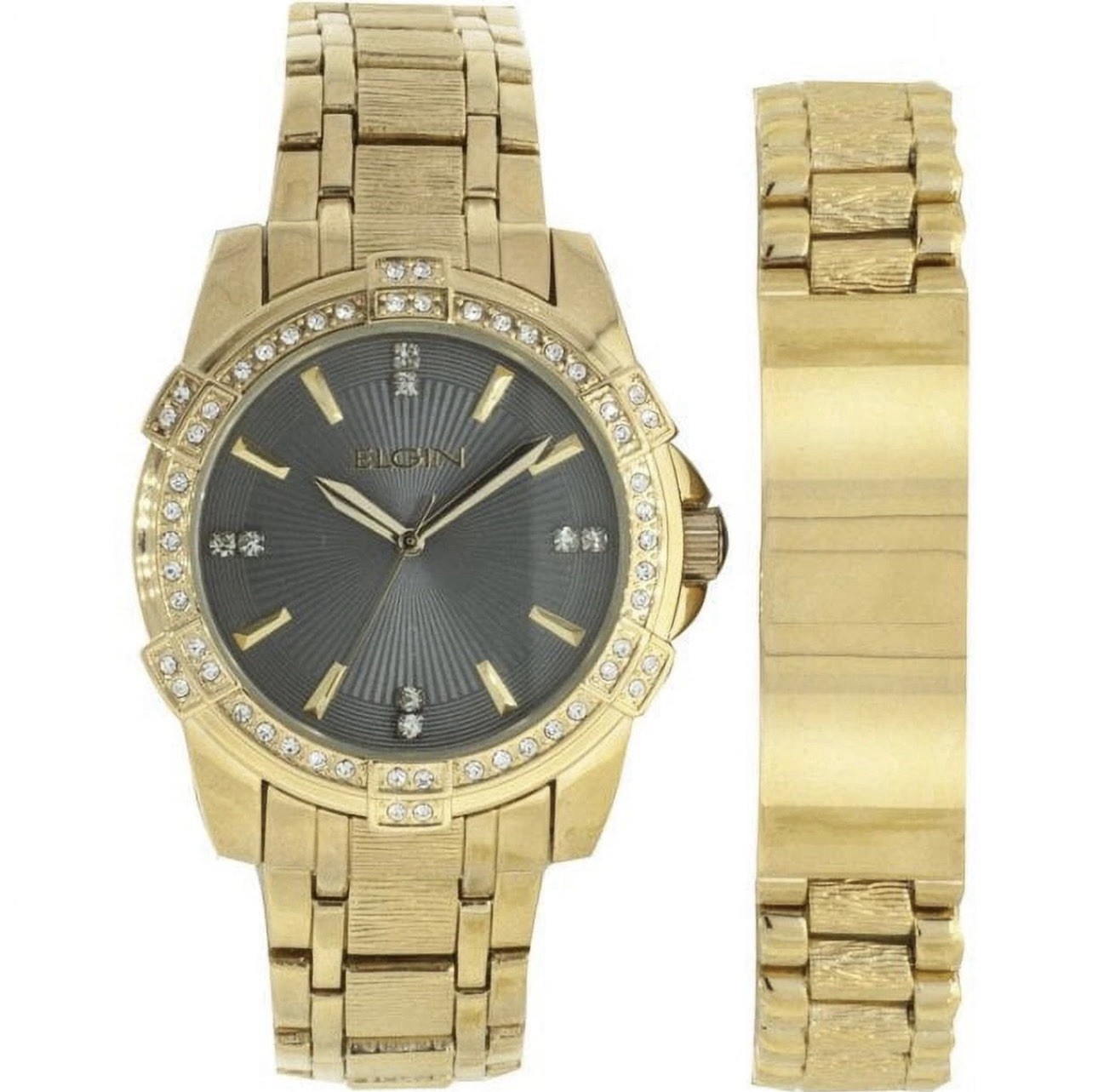 Elgin Men’s Watch Bracelet Set Gold Tone with 54 Crystals Gem Bezel FG10009ST