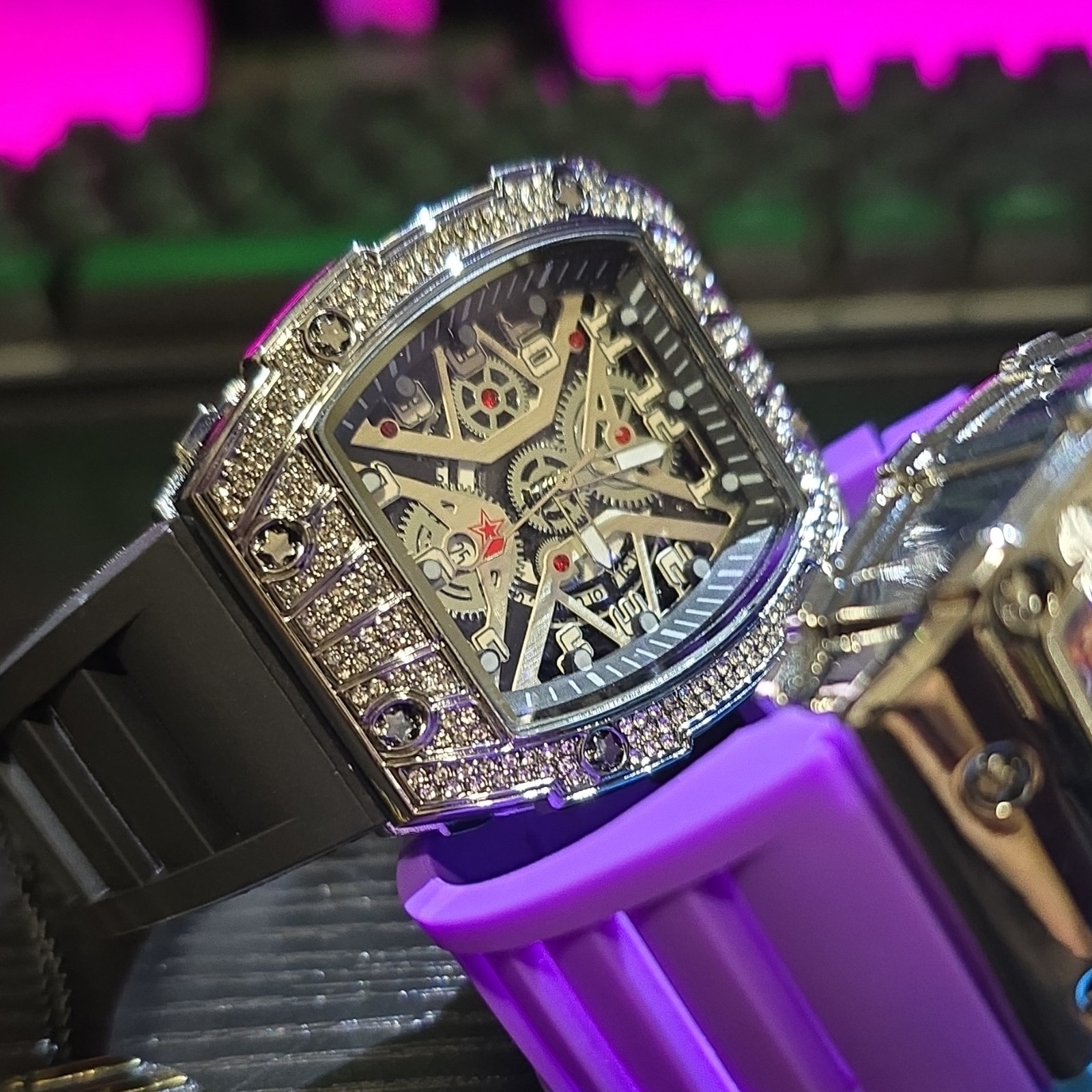 Luxury Watch Set Blue Purple Black Rubber Bands Skeleton Dial Stainless Steel