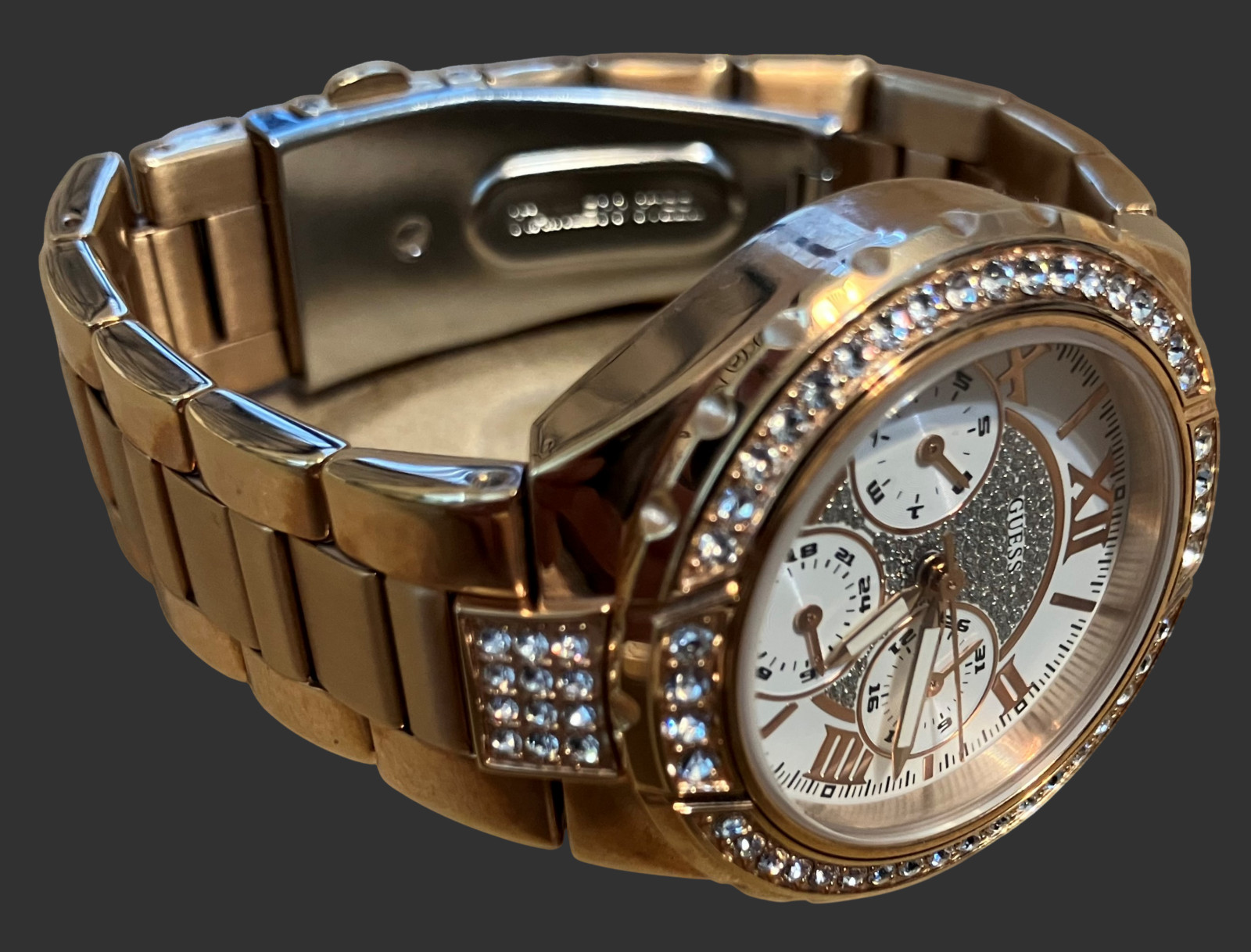 Guess U0111L3 Rose Gold Crystal Watch For Women Multifunction New Battery