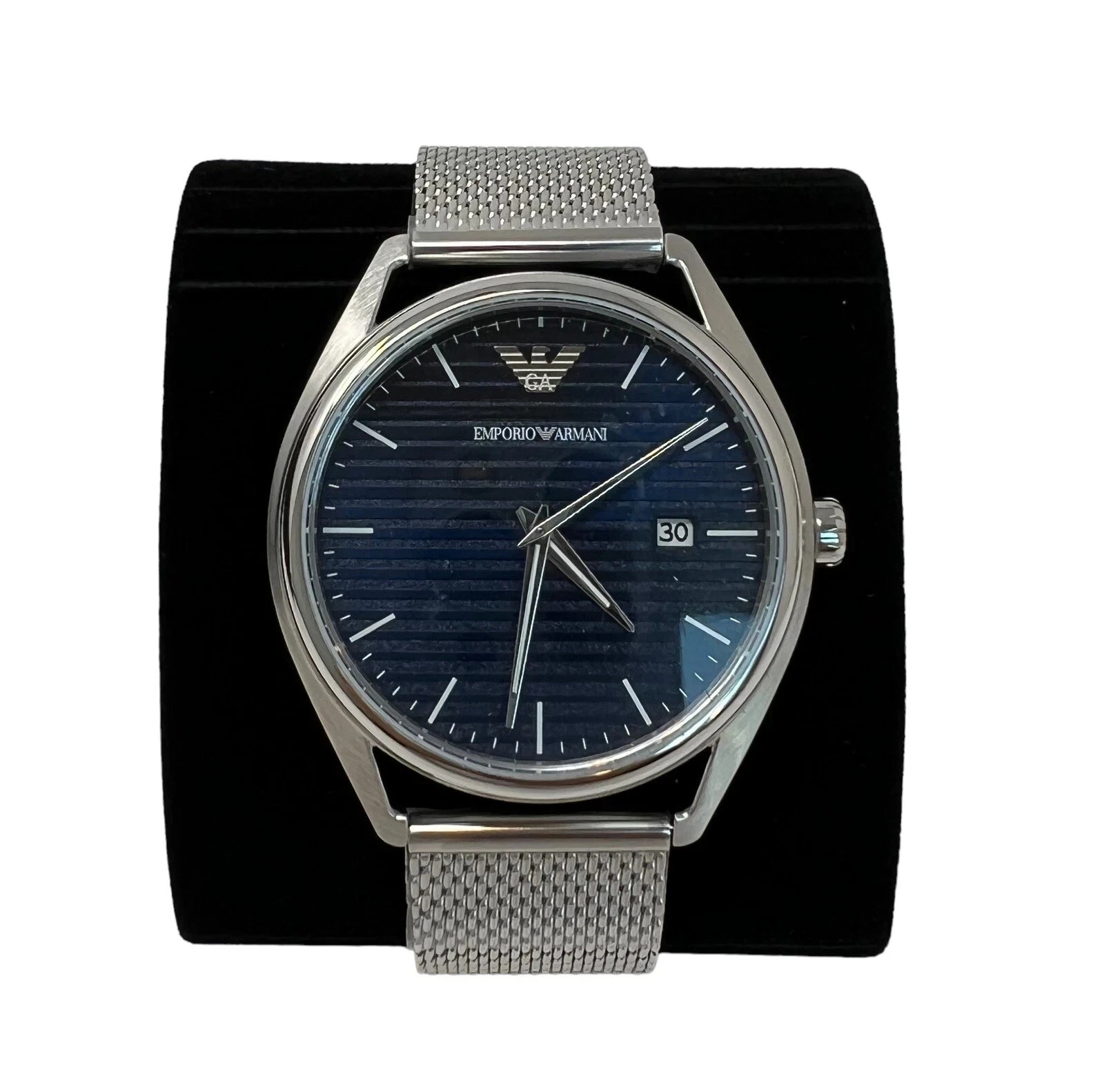 Emporio Armani Men’s Date Silver Mesh & Blue Leather Strap Watch Set NIB AR80054