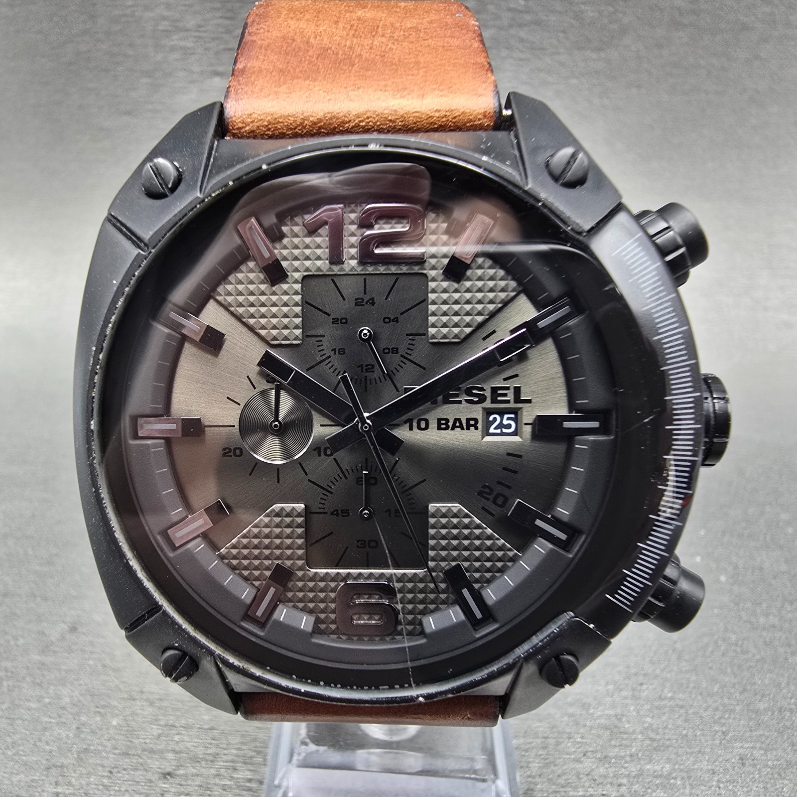 Diesel Overflow Chrono Watch Men 49mm Black Dial Black Date DZ4317 New Battery