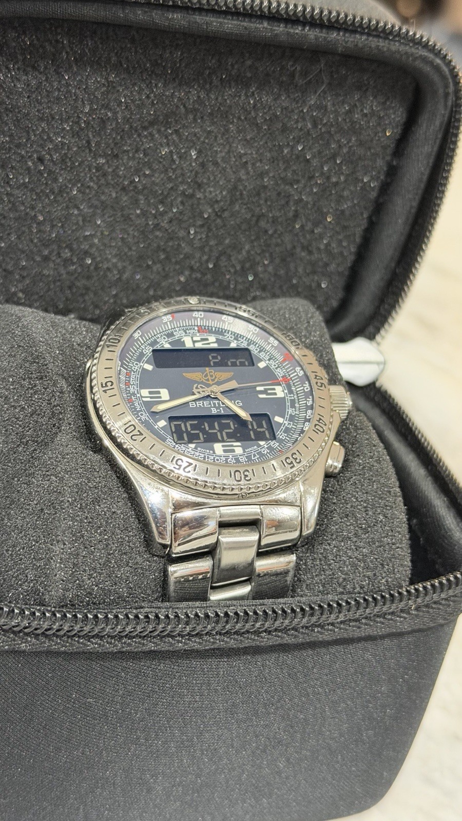 Breitling B-1 Mens Quartz Chronograph Analog-Digital Blue Dial Steel Bracelet