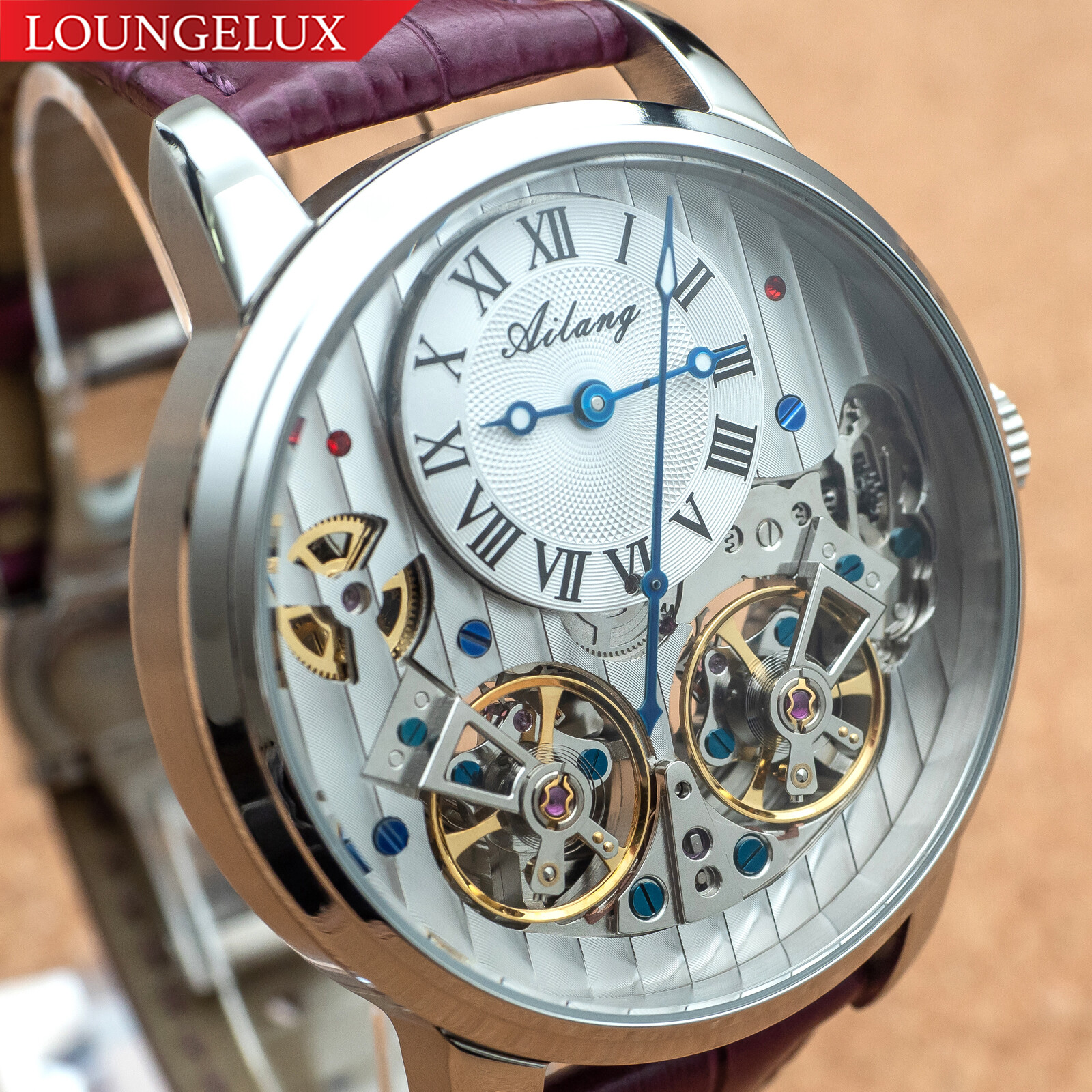 Mens Double Flywheel Skeleton Automatic Mechanical Leather Watch Silver Purple