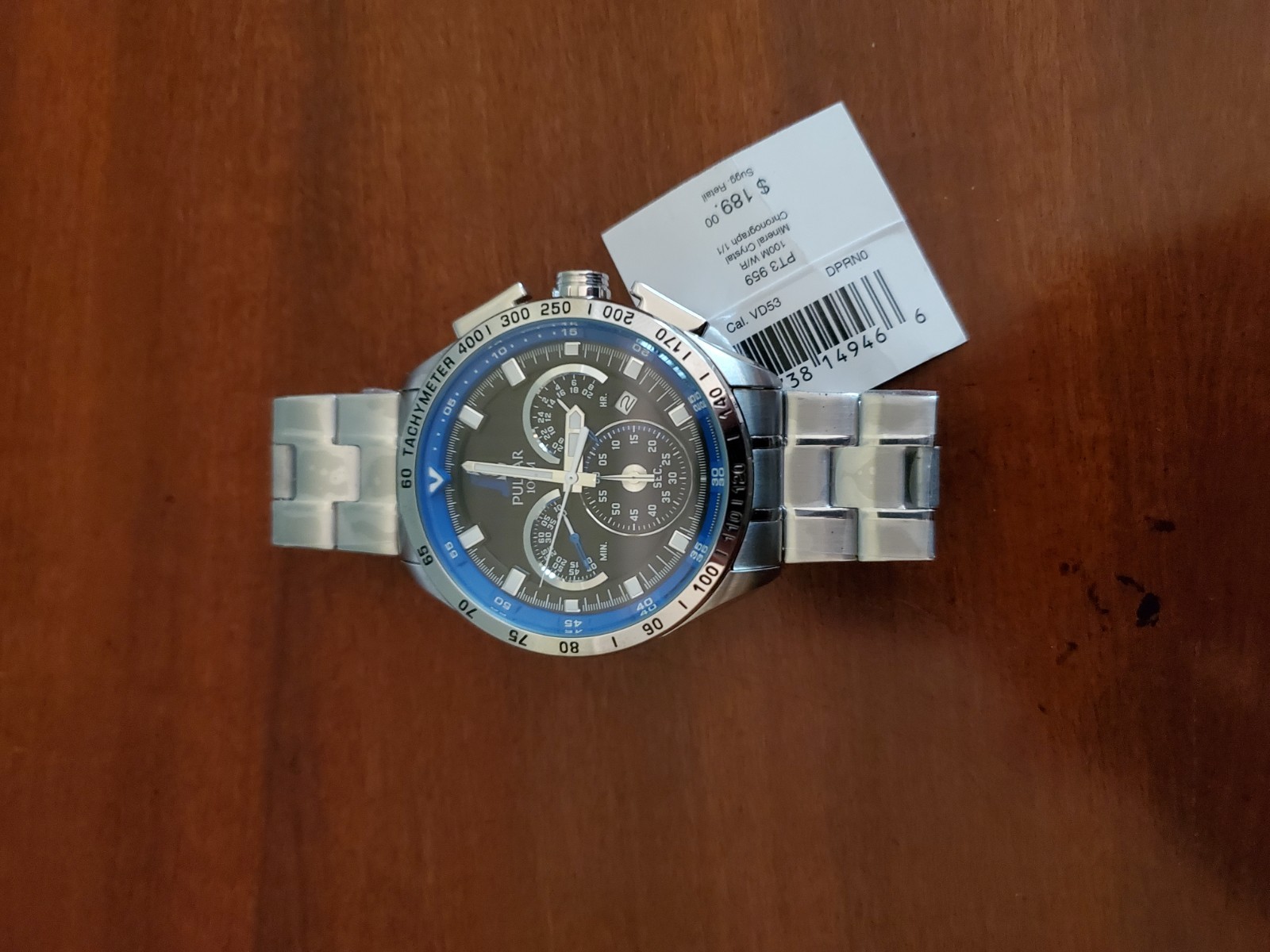 PULSAR 100M W/R MINERAL CRYSTAL CHRONOGRAPH MENS WATCH 1/1 PT3 959-NIB