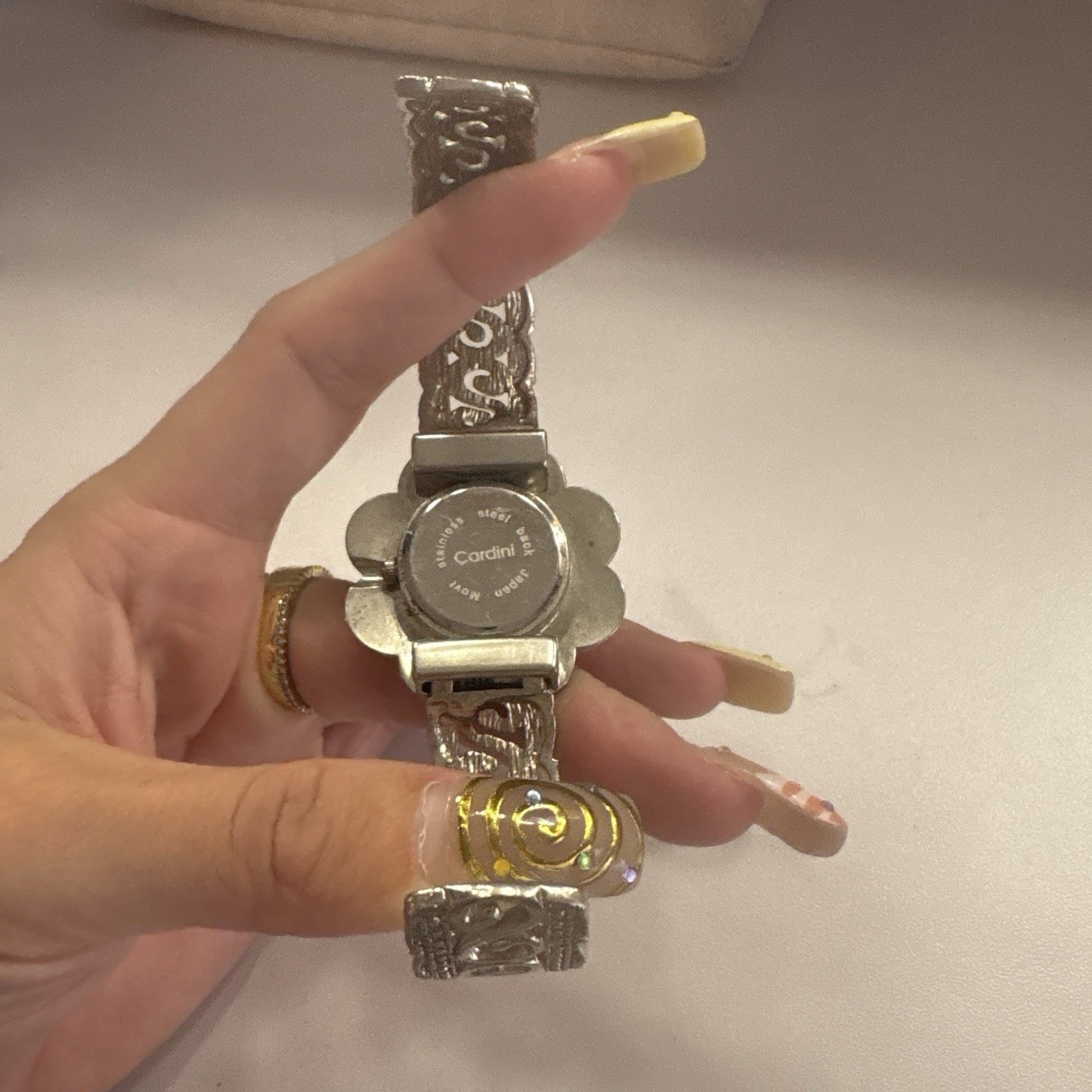Cardini Women’s Quartz Silver Tone Bangle Wristwatch Floral Crystal Bezel