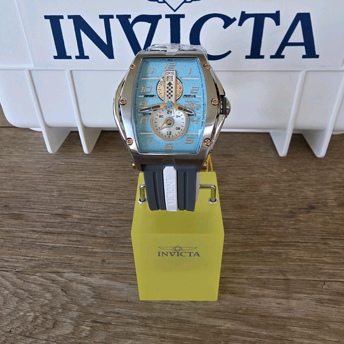 Invicta Racing Diablo Quartz Blue Dial 57mm Tonneau Gray/White Rubber Strap