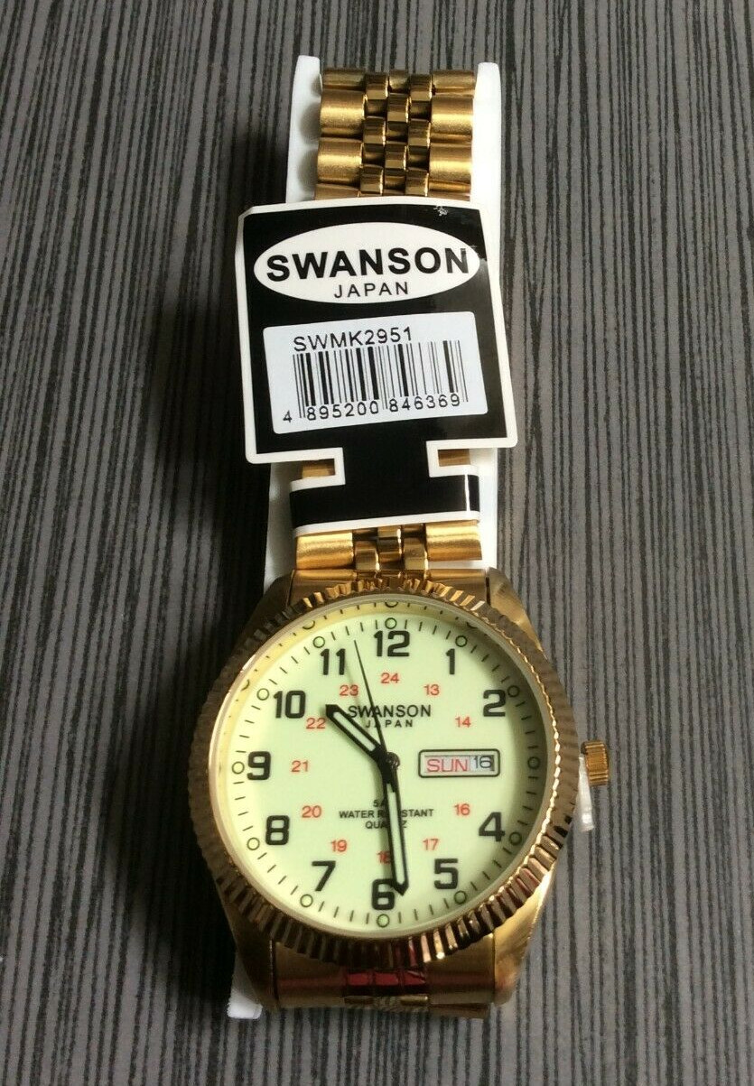 Swanson Men Watch Round Day & Date Glow Dial 12/24 Hour Display Gold Link Band!