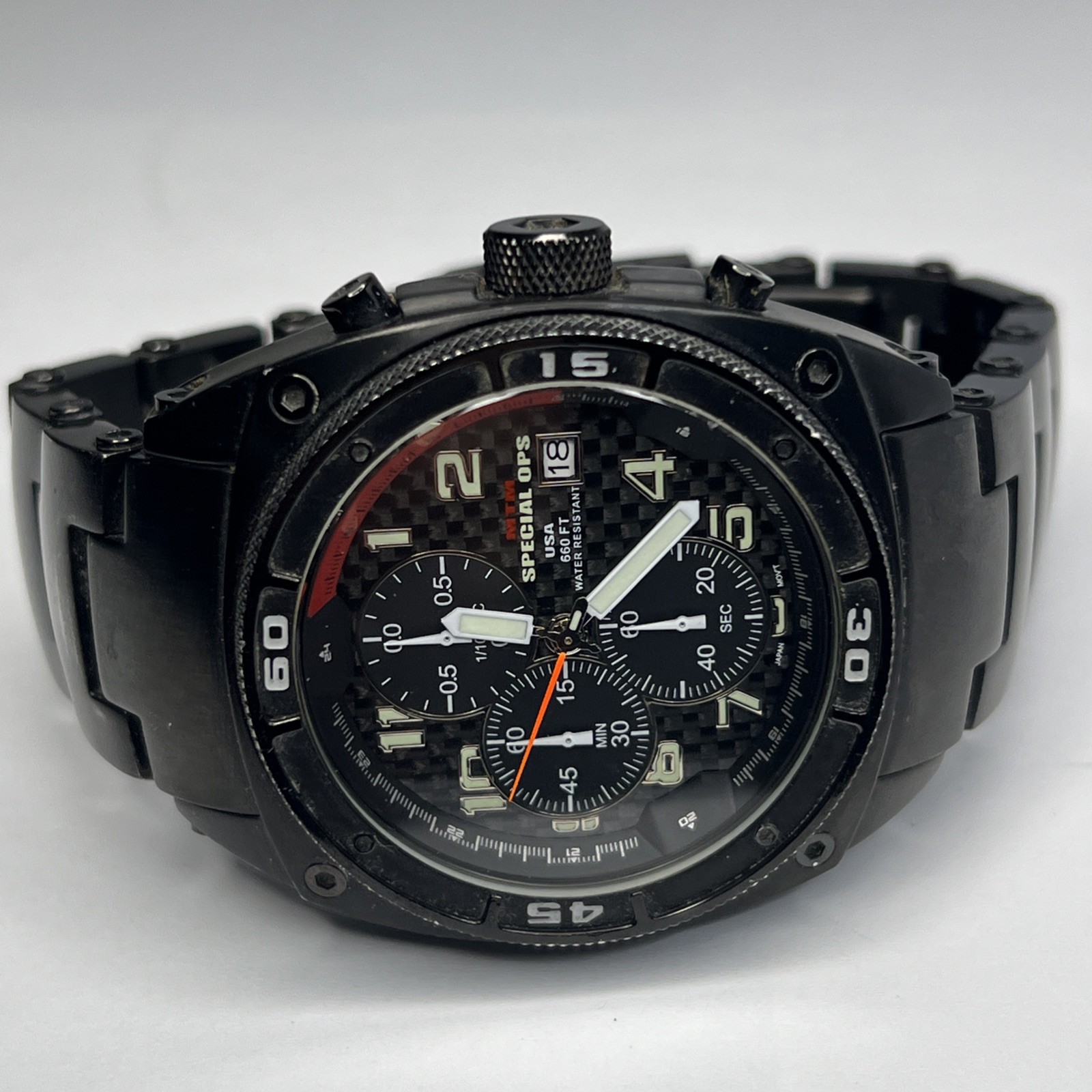 44mm MTM Special Ops Black PVD Steel Predator Chronograph Date Quartz Watch