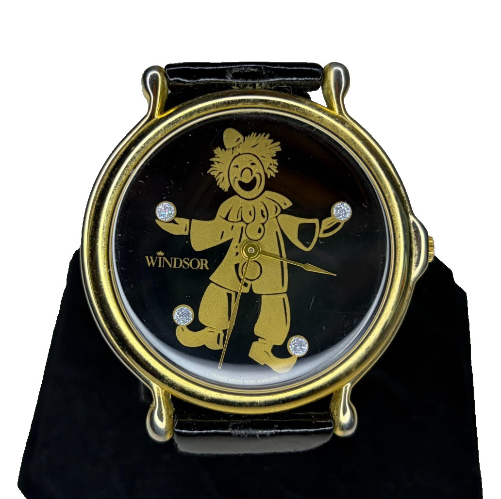 Vintage Windsor Juggling Clown Novelty Watch Rhinestone Face Sun Time Tin Case